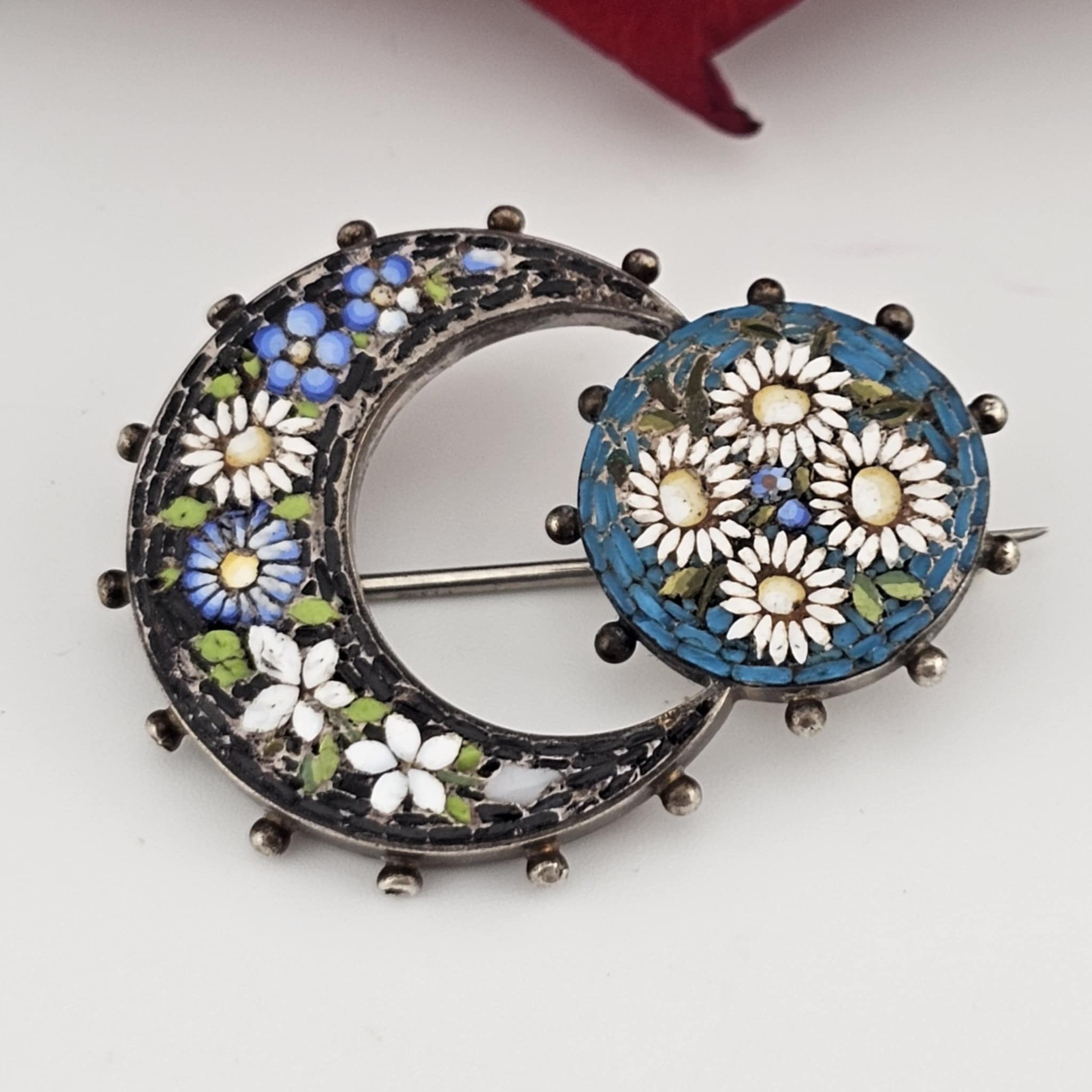 antique sterling silver pin brooch hand crafted enamel floral design