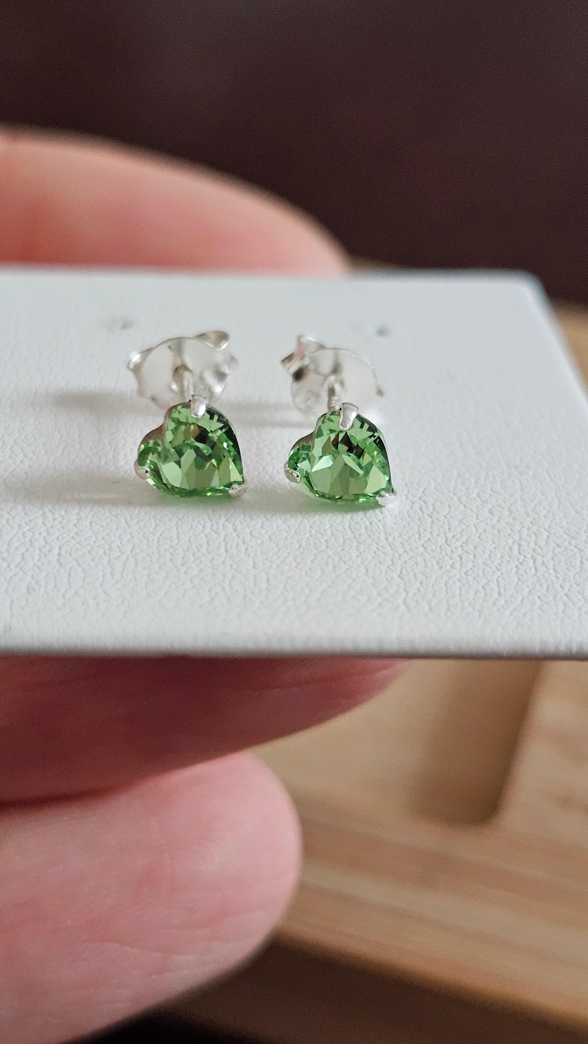 925 Sterling Silver Green Heart Rhinestone Stud Earrings