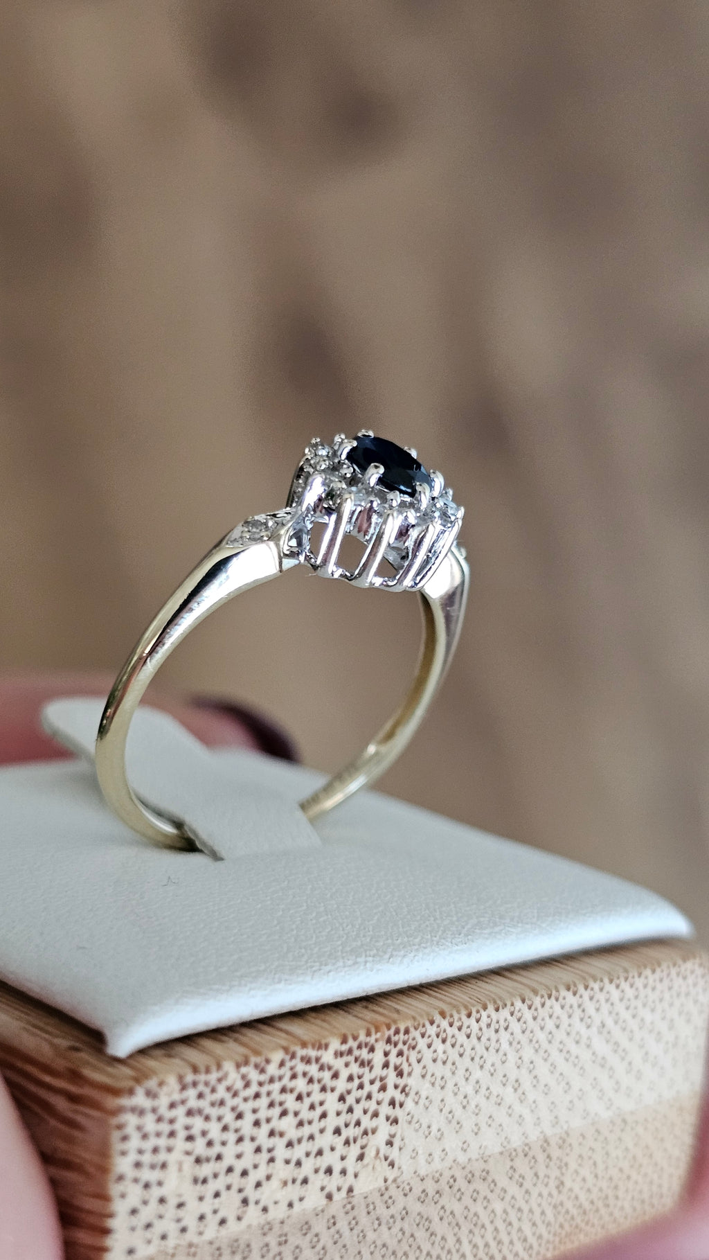 9ct Yellow Gold Natural Sapphire and Diamond Cluster Ring , size N 1/2