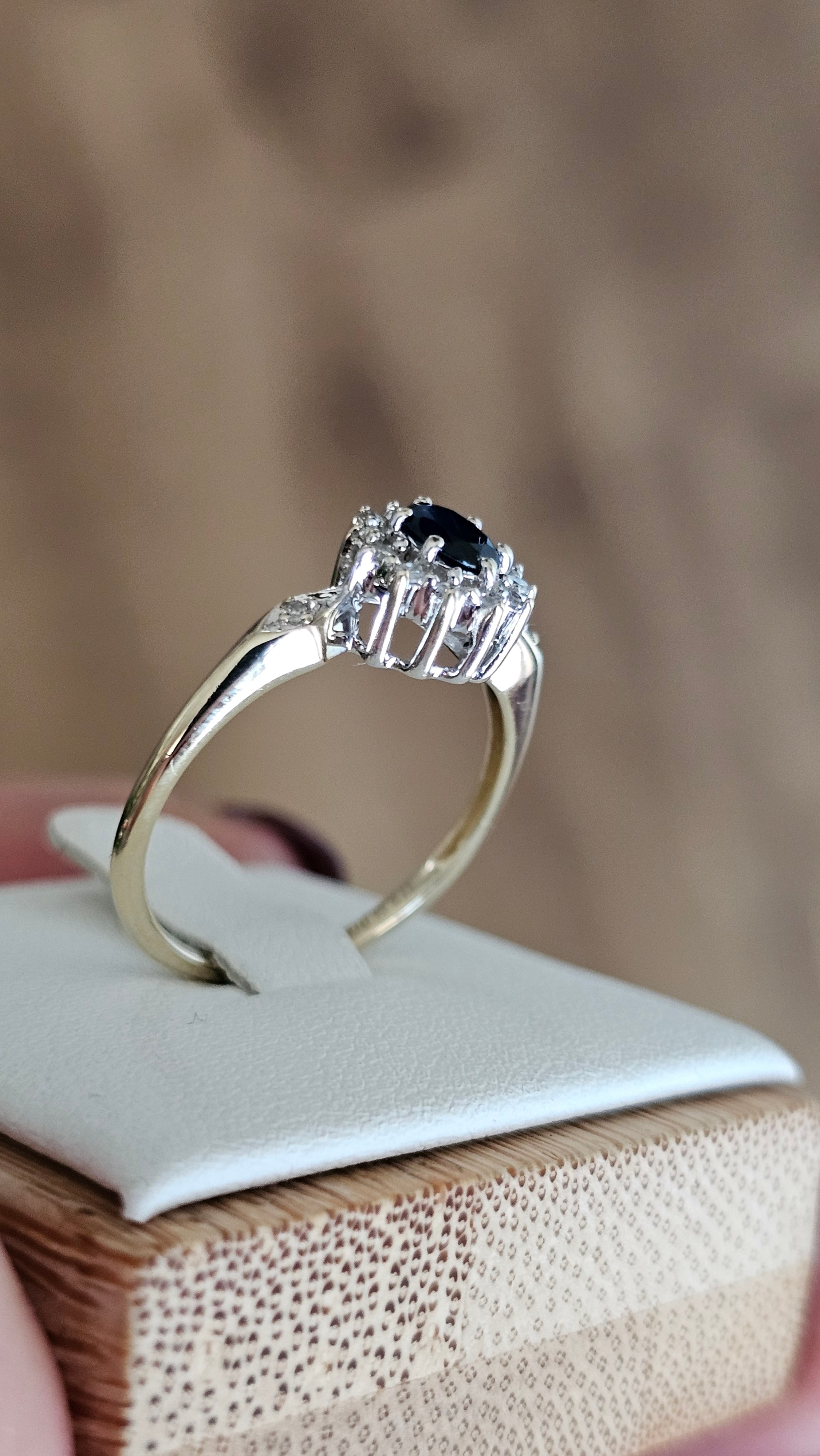 9ct Yellow Gold Natural Sapphire and Diamond Cluster Ring , size N 1/2