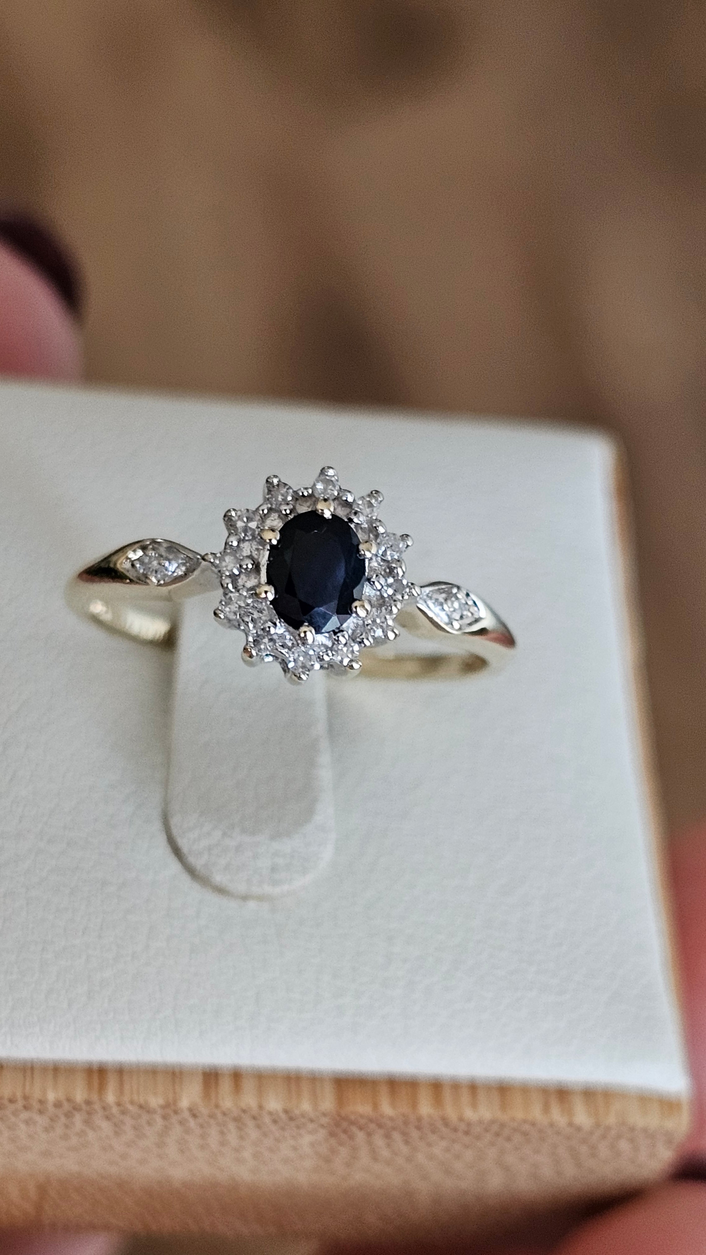 9ct Yellow Gold Natural Sapphire and Diamond Cluster Ring , size N 1/2