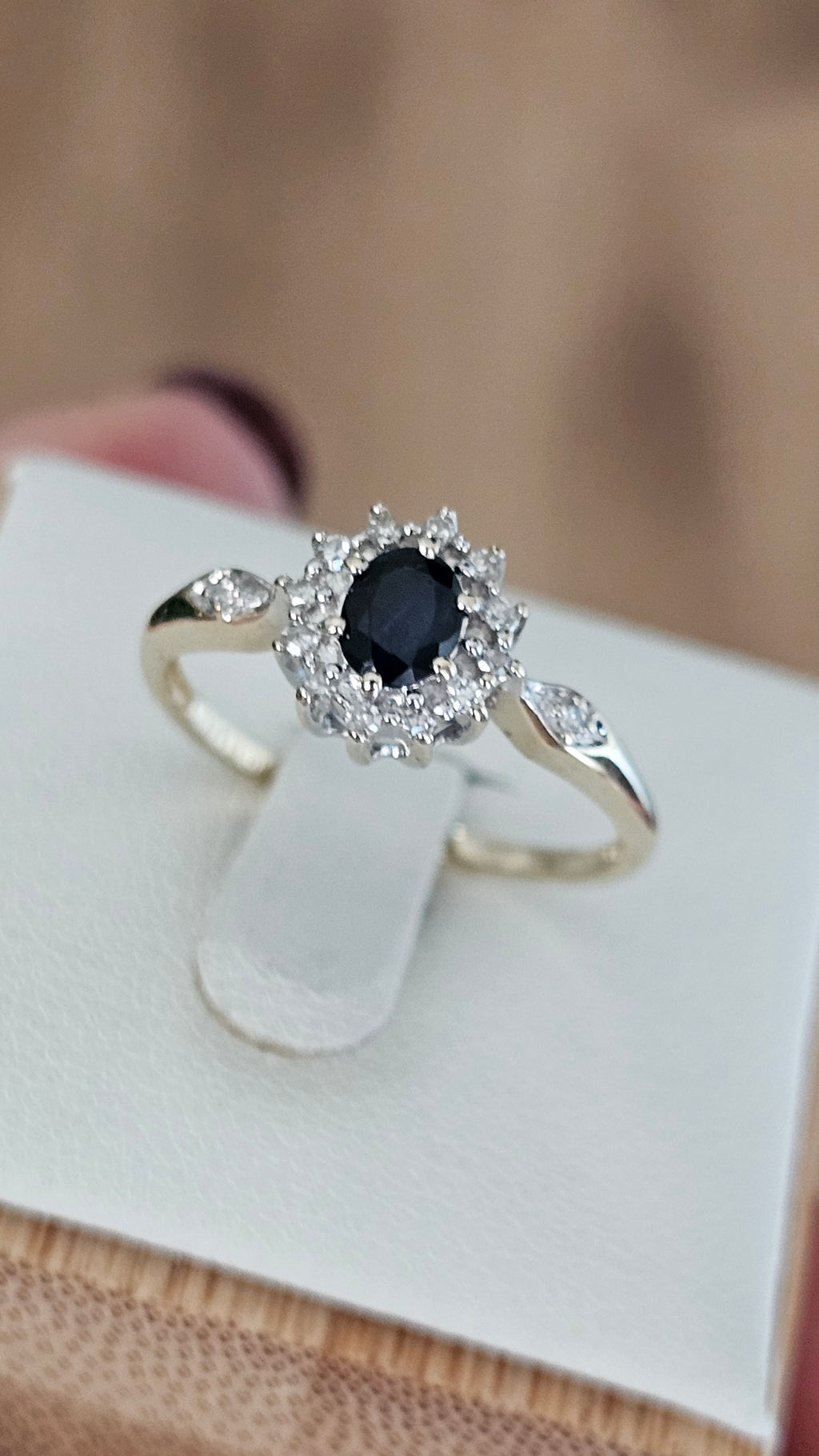 9ct Yellow Gold Natural Sapphire and Diamond Cluster Ring , size N 1/2