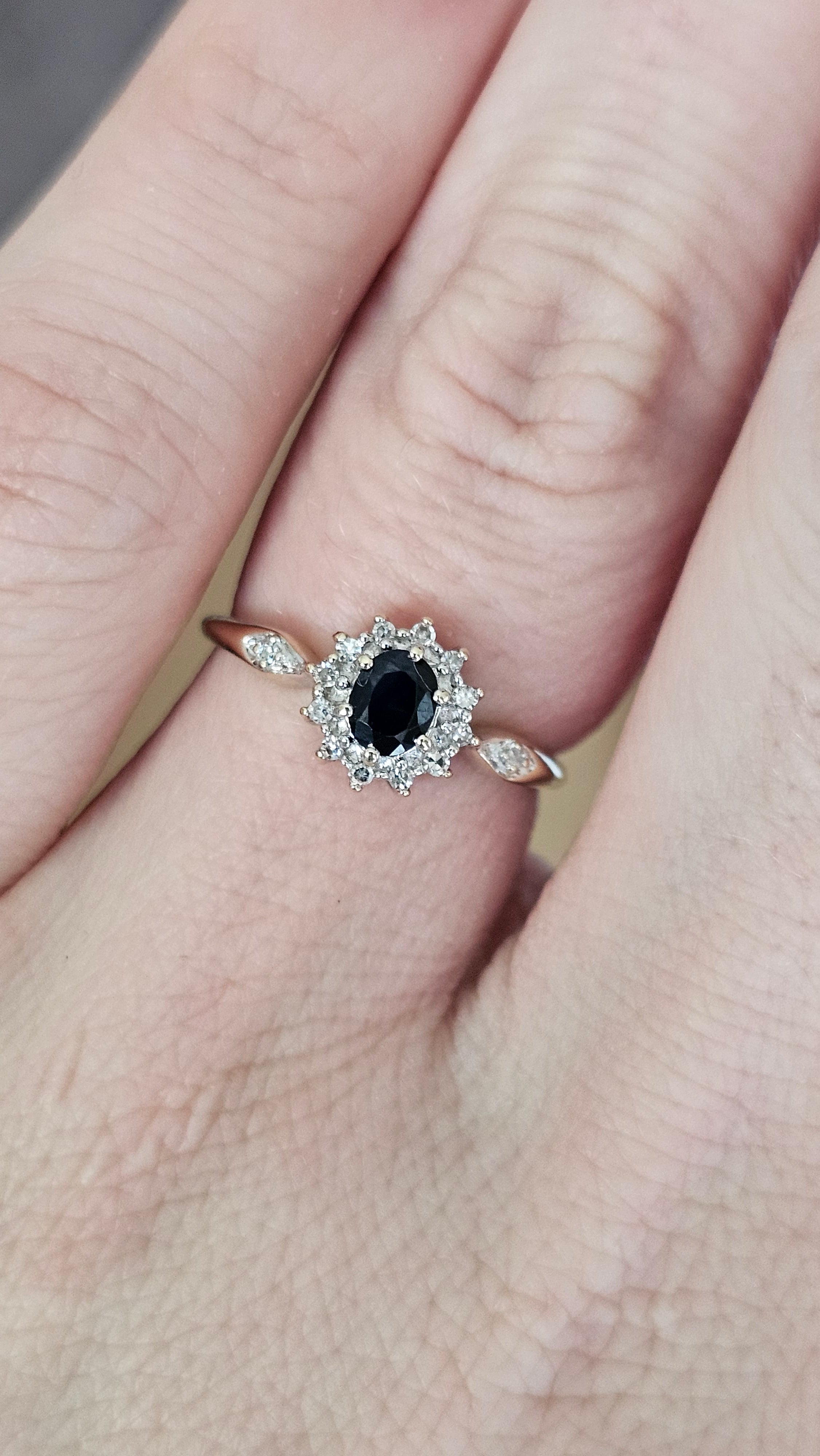 9ct Yellow Gold Natural Sapphire and Diamond Cluster Ring , size N 1/2
