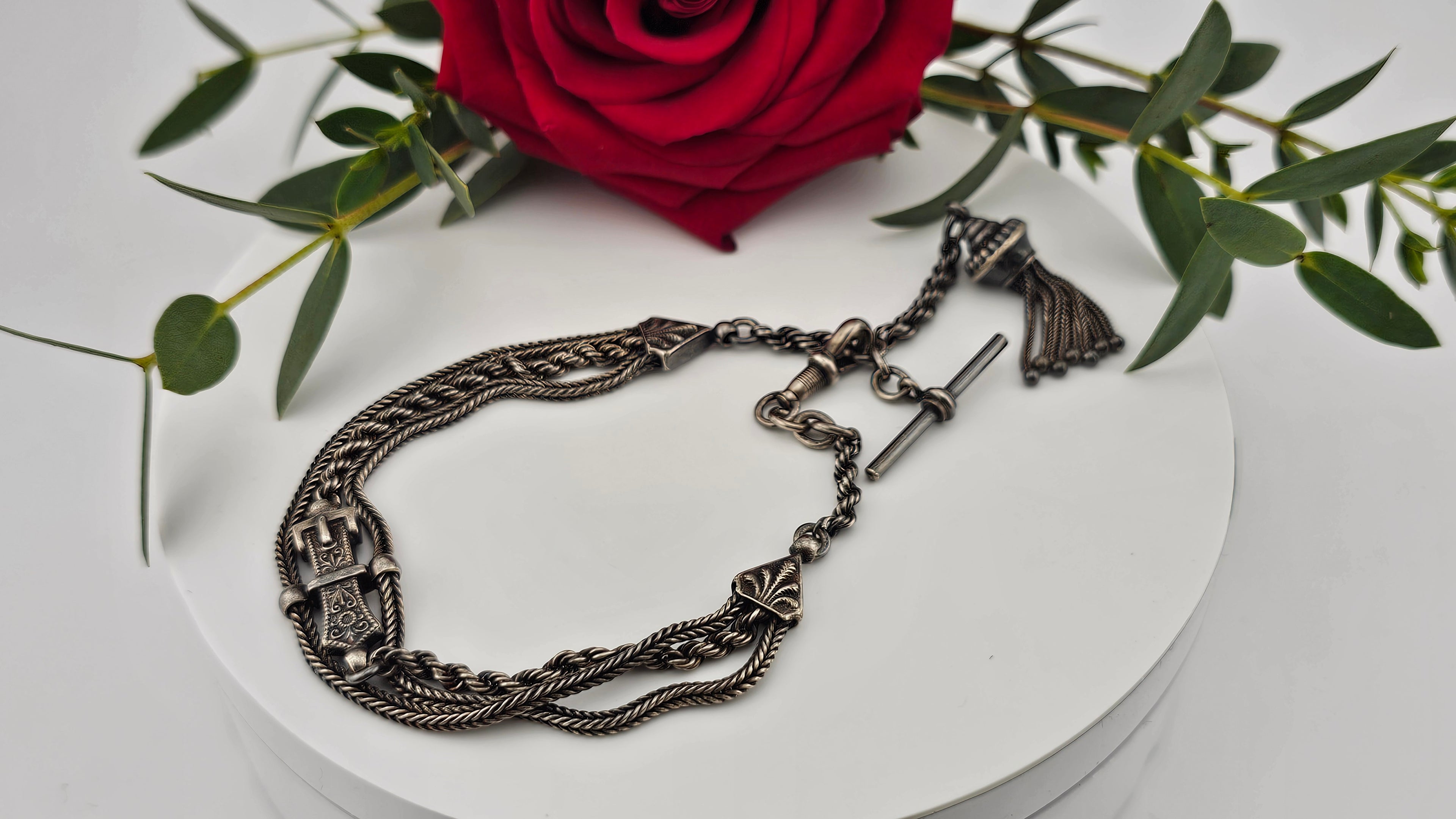Antique Multi-Strand Silver Albertina Watch Chain with Tassel & Buckle Motif