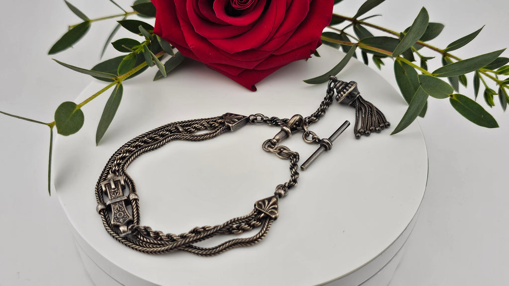 Antique Multi-Strand Silver Albertina Watch Chain with Tassel & Buckle Motif