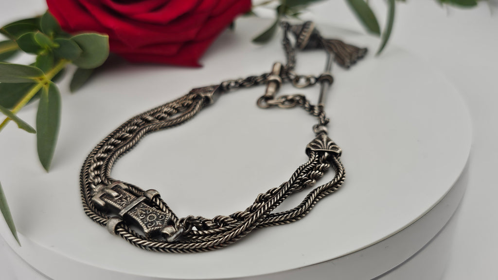 Antique Multi-Strand Silver Albertina Watch Chain with Tassel & Buckle Motif