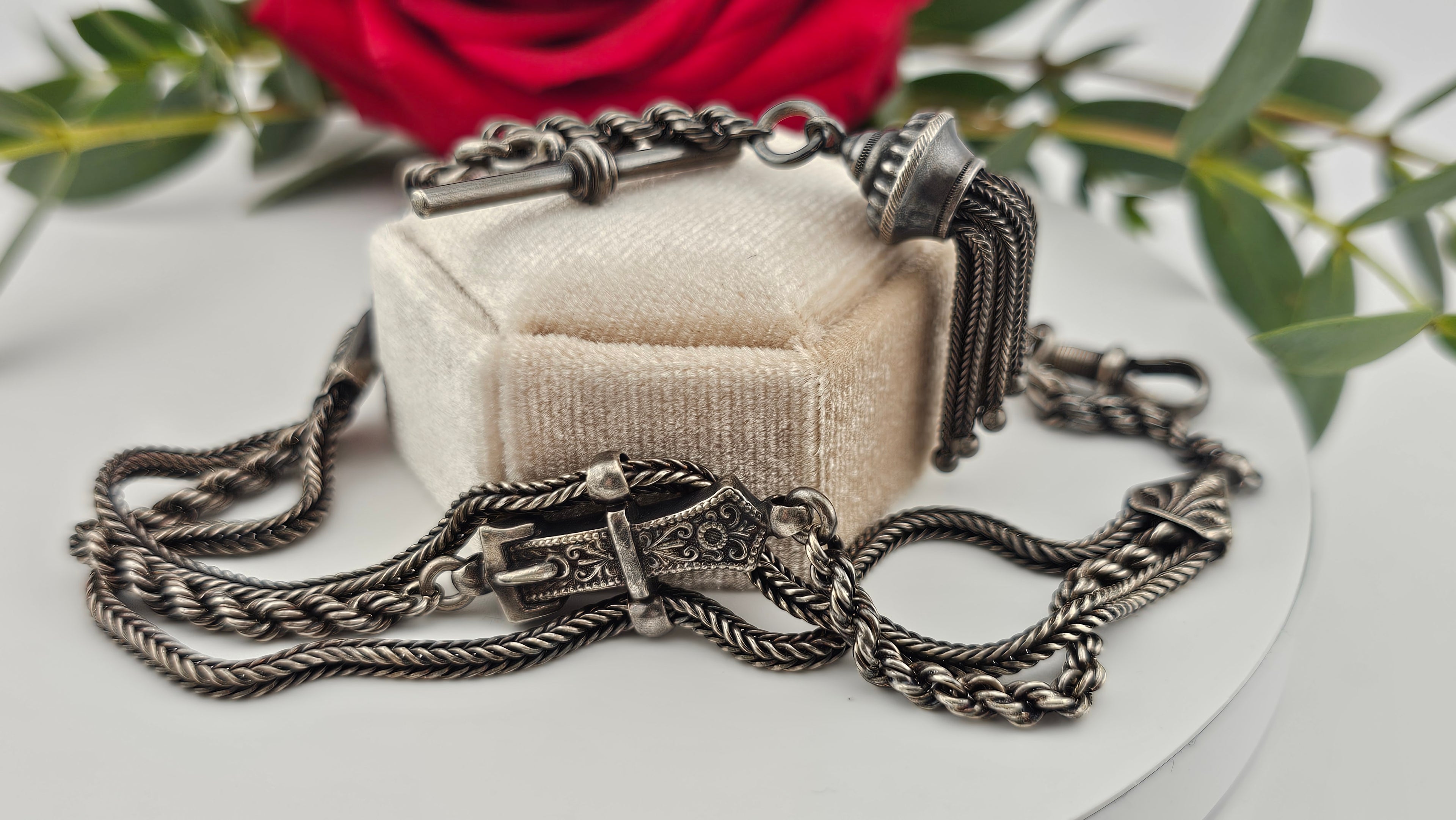 Antique Multi-Strand Silver Albertina Watch Chain with Tassel & Buckle Motif
