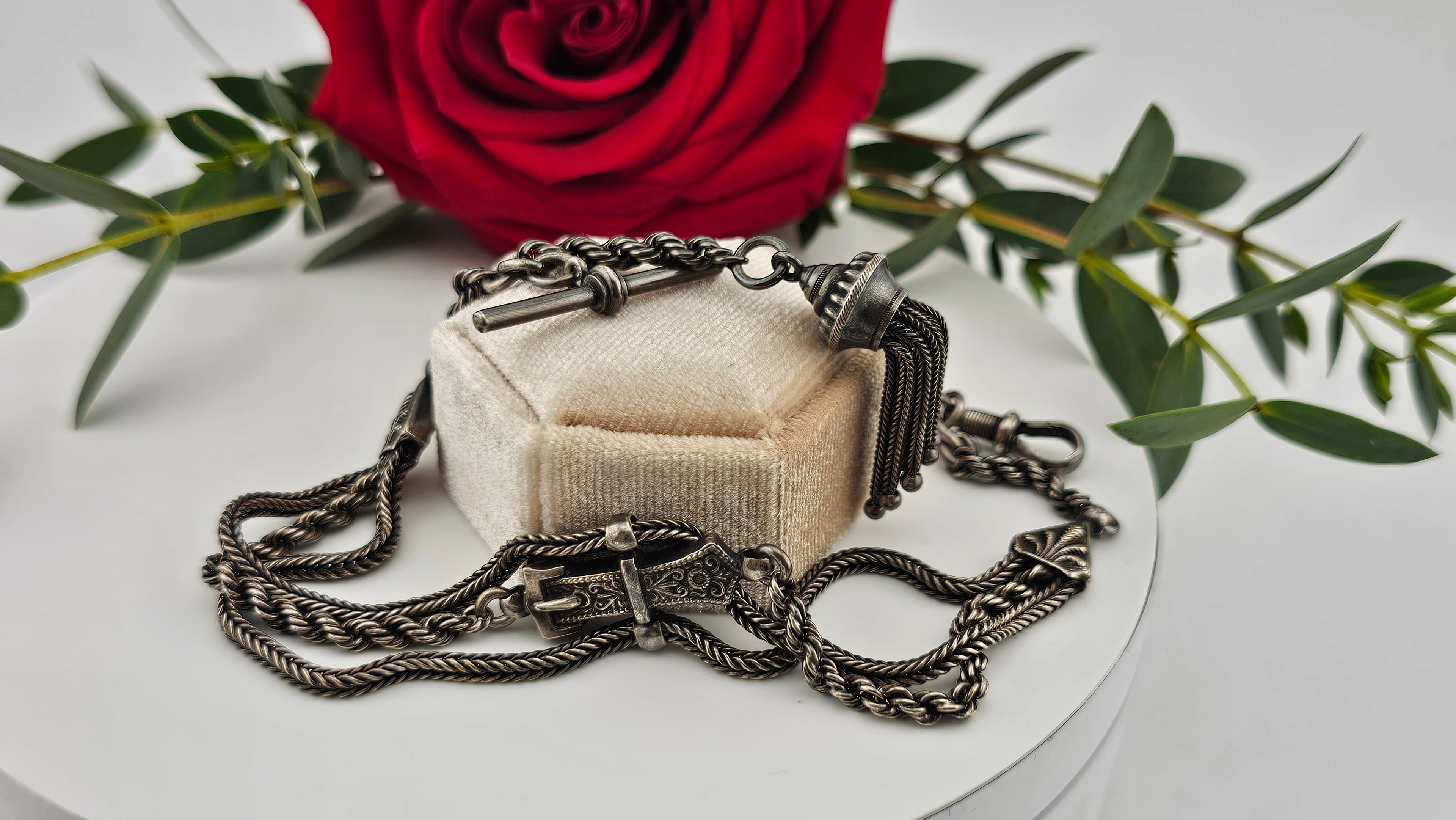Antique Multi-Strand Silver Albertina Watch Chain with Tassel & Buckle Motif