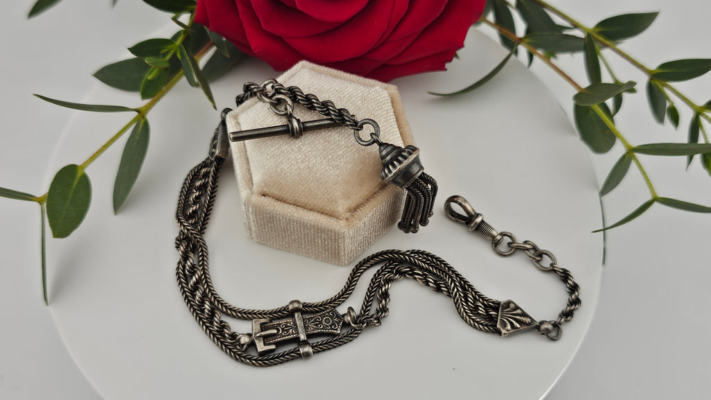 Antique Multi-Strand Silver Albertina Watch Chain with Tassel & Buckle Motif
