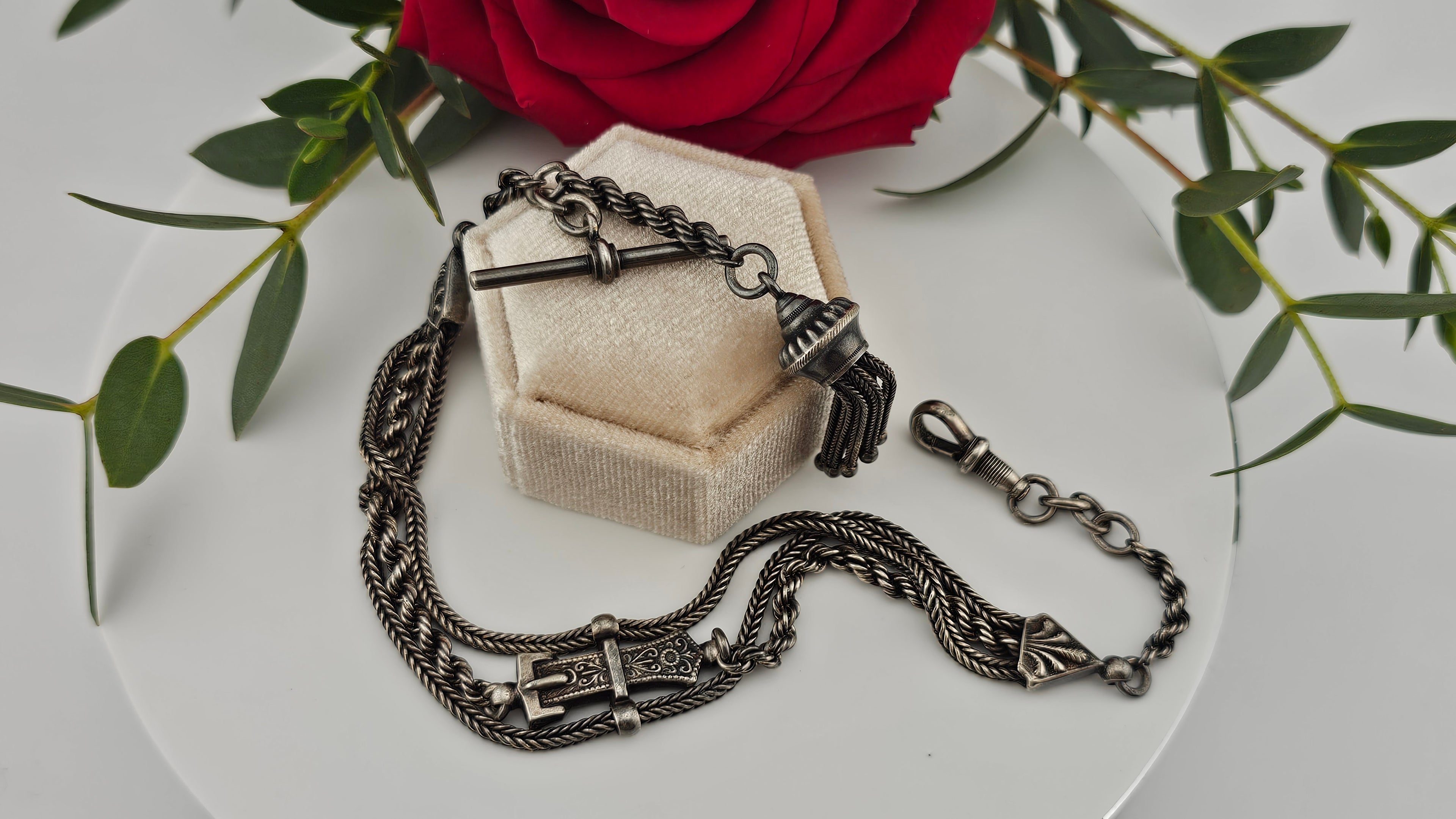 Antique Multi-Strand Silver Albertina Watch Chain with Tassel & Buckle Motif