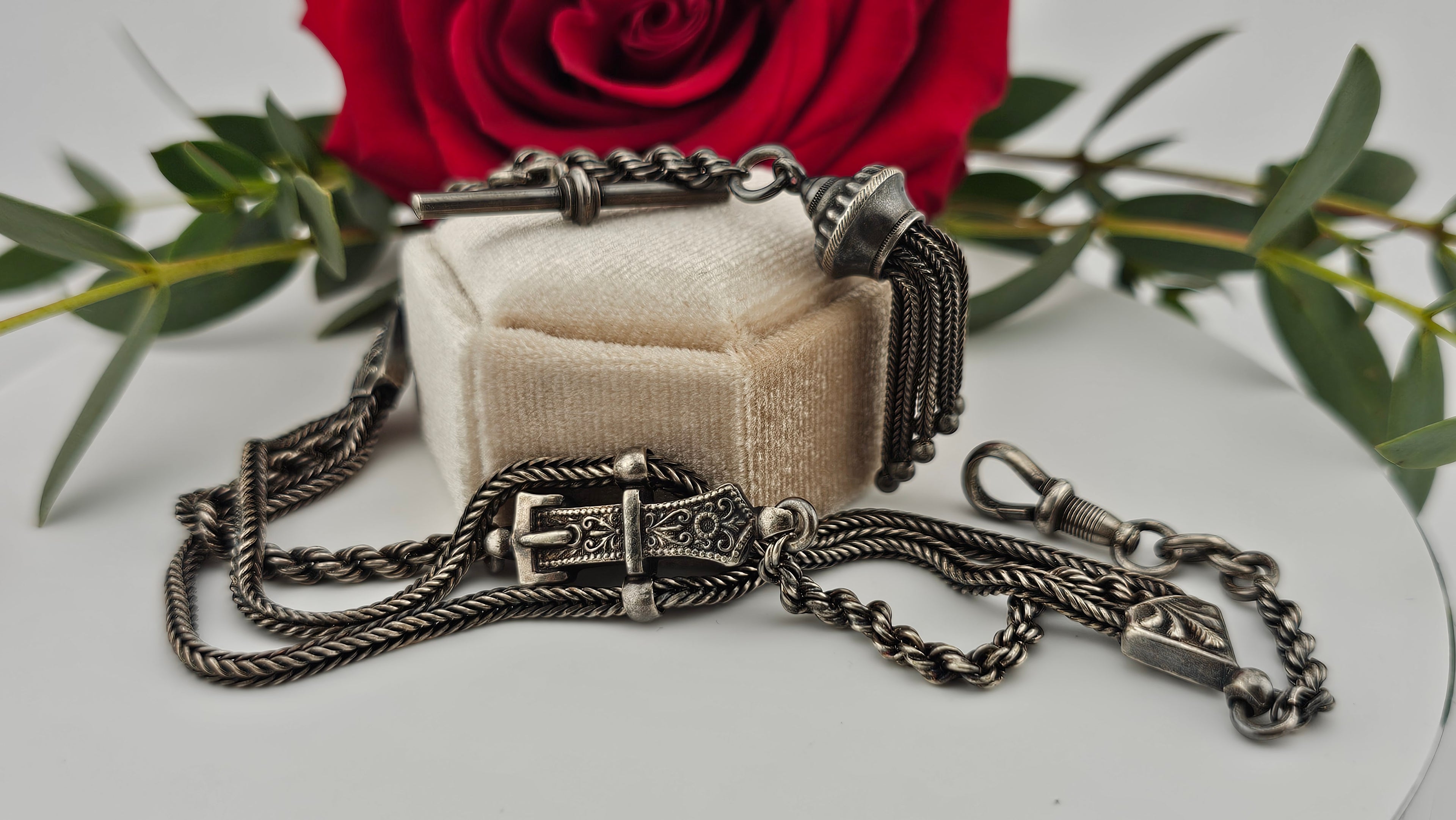 Antique Multi-Strand Silver Albertina Watch Chain with Tassel & Buckle Motif