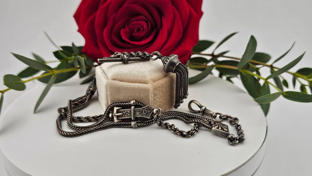 Antique Multi-Strand Silver Albertina Watch Chain with Tassel & Buckle Motif