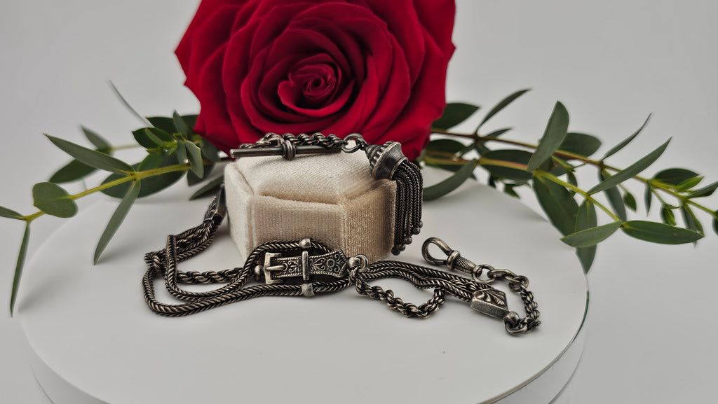 Antique Multi-Strand Silver Albertina Watch Chain with Tassel & Buckle Motif