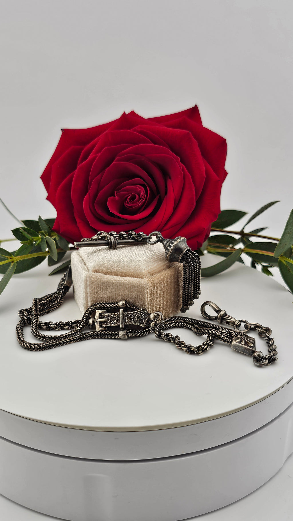 Antique Multi-Strand Silver Albertina Watch Chain with Tassel & Buckle Motif