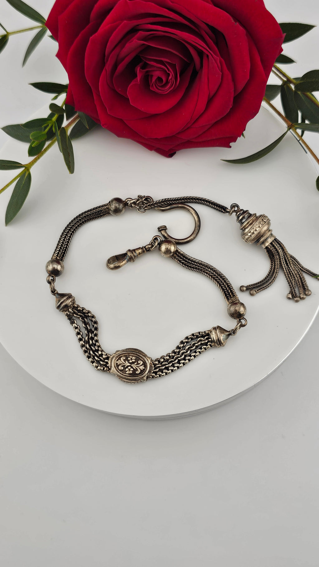 Antique Multi-Strand Silver Albertina Watch Chain with Floral Slide & Tassel