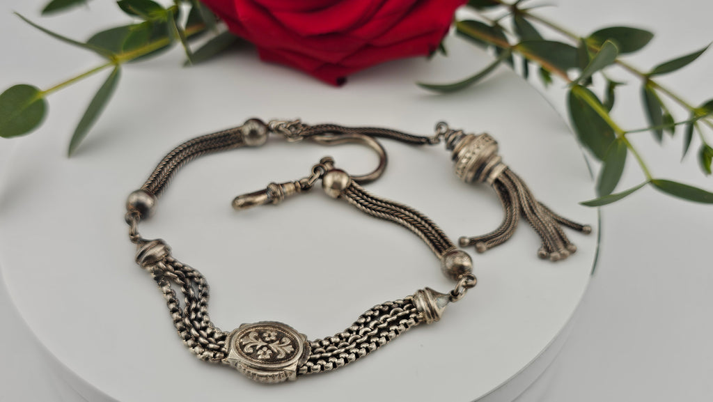 Antique Multi-Strand Silver Albertina Watch Chain with Floral Slide & Tassel