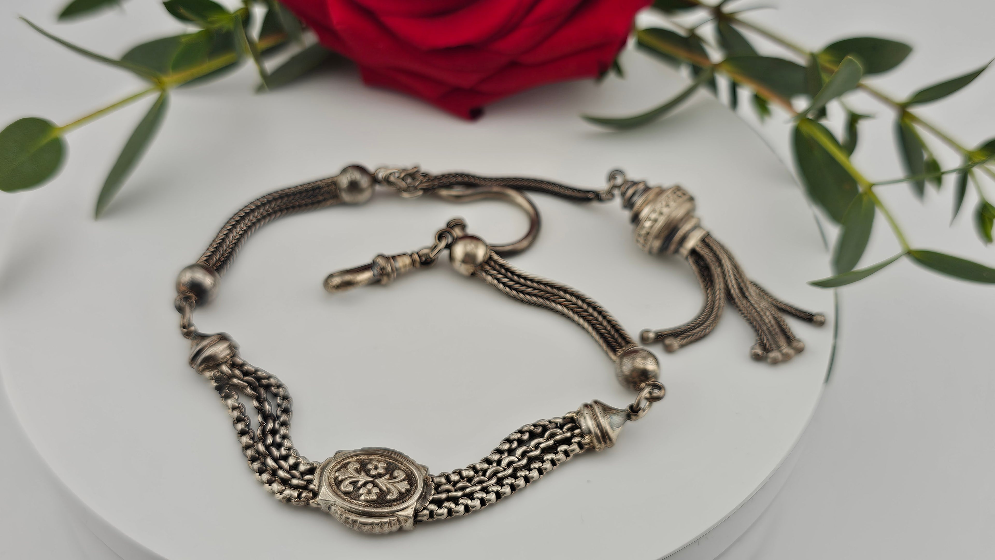 Antique Multi-Strand Silver Albertina Watch Chain with Floral Slide & Tassel