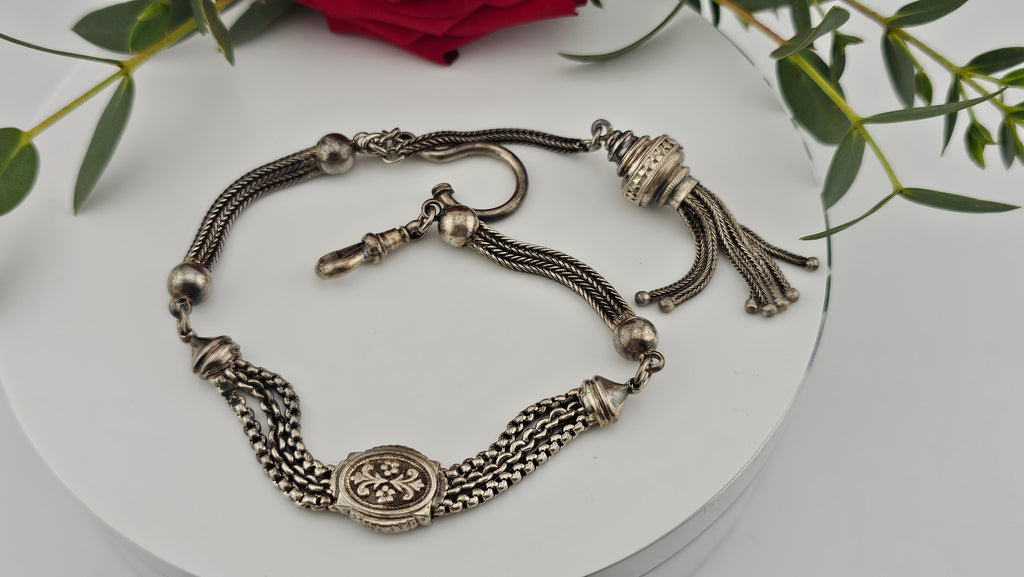 Antique Multi-Strand Silver Albertina Watch Chain with Floral Slide & Tassel