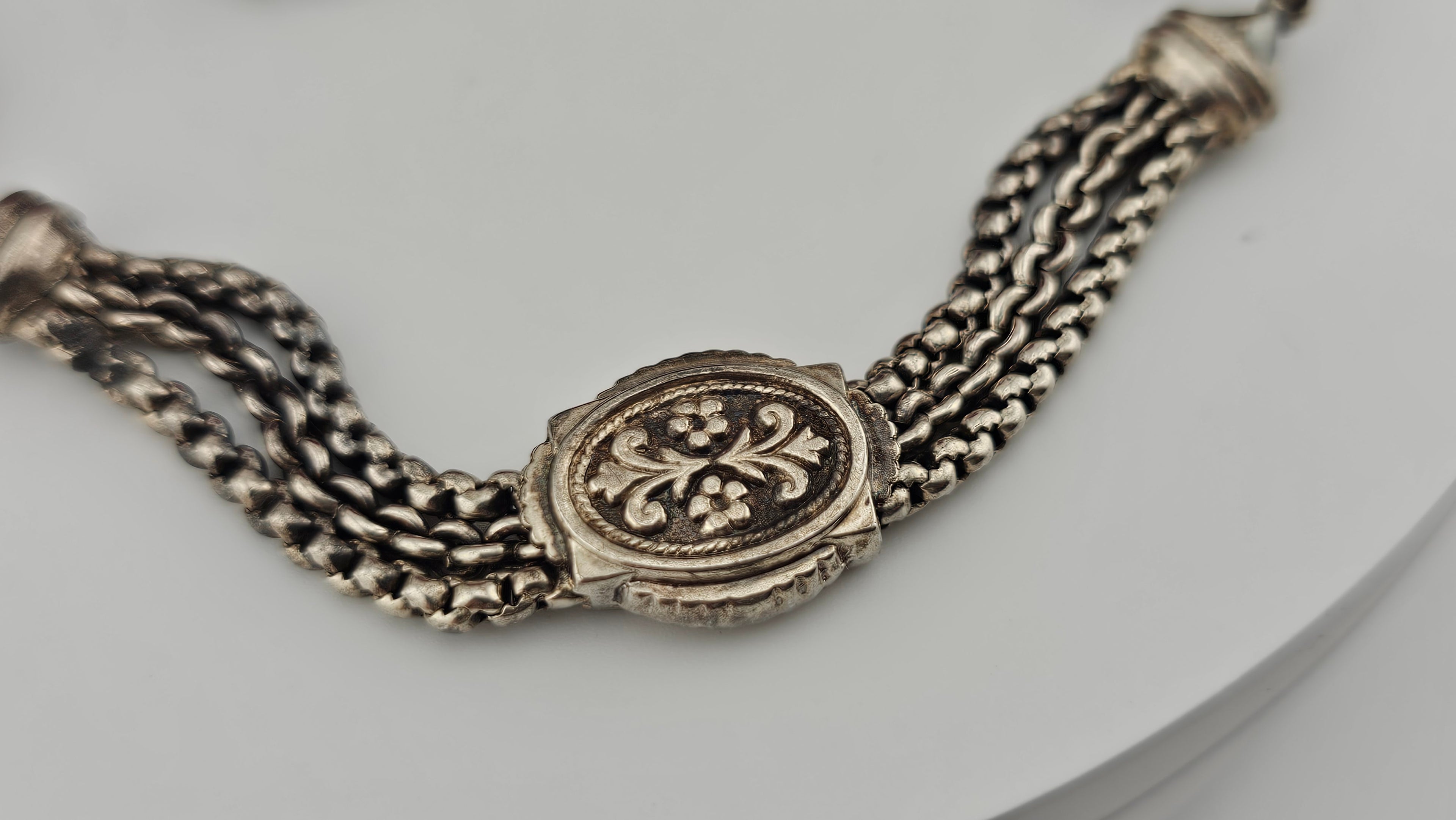 Antique Multi-Strand Silver Albertina Watch Chain with Floral Slide & Tassel
