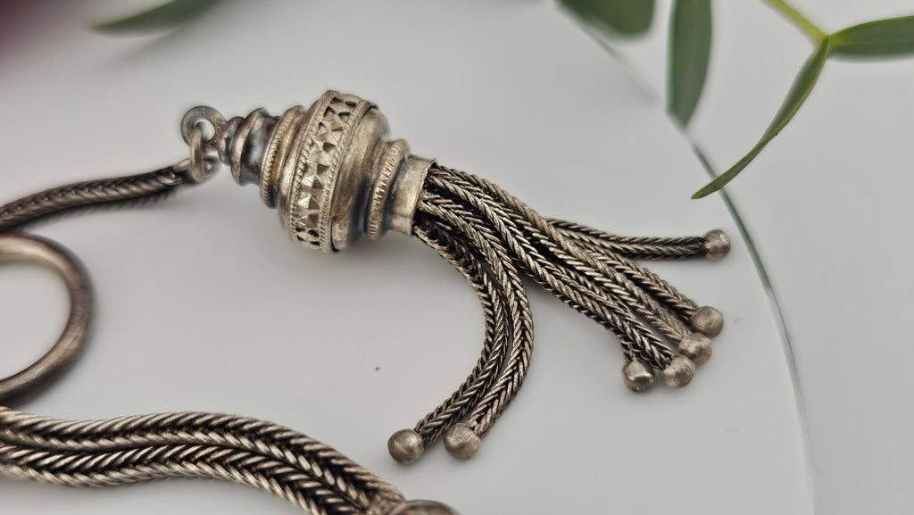 Antique Multi-Strand Silver Albertina Watch Chain with Floral Slide & Tassel