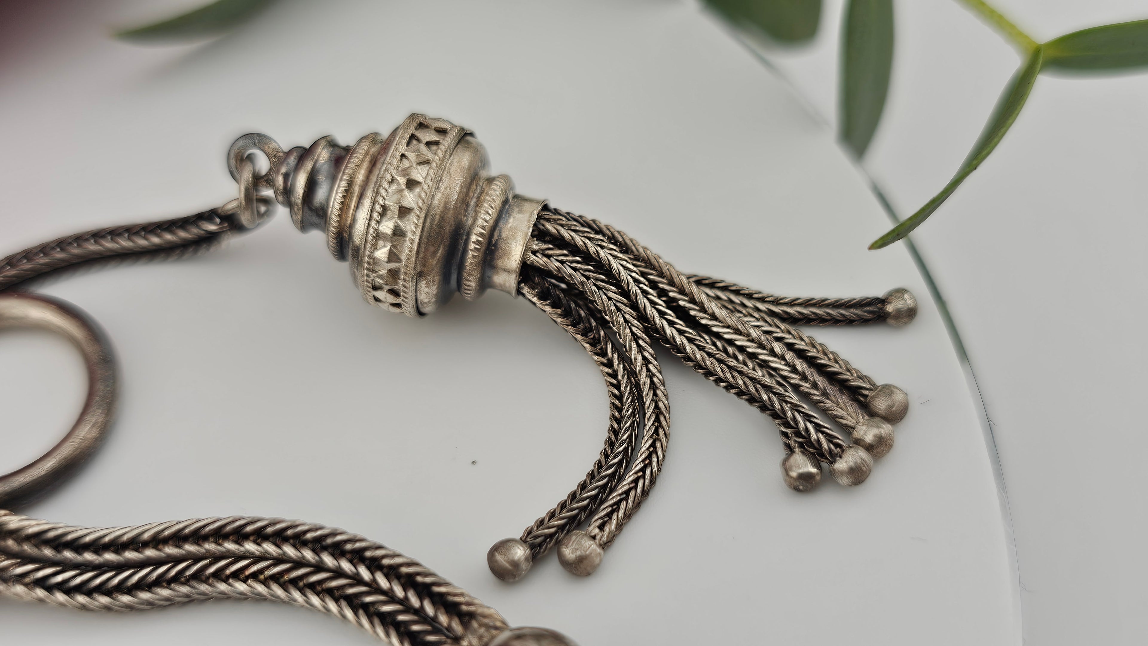 Antique Multi-Strand Silver Albertina Watch Chain with Floral Slide & Tassel