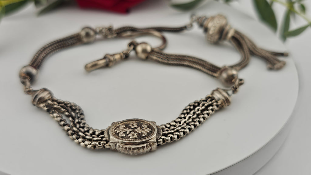 Antique Multi-Strand Silver Albertina Watch Chain with Floral Slide & Tassel