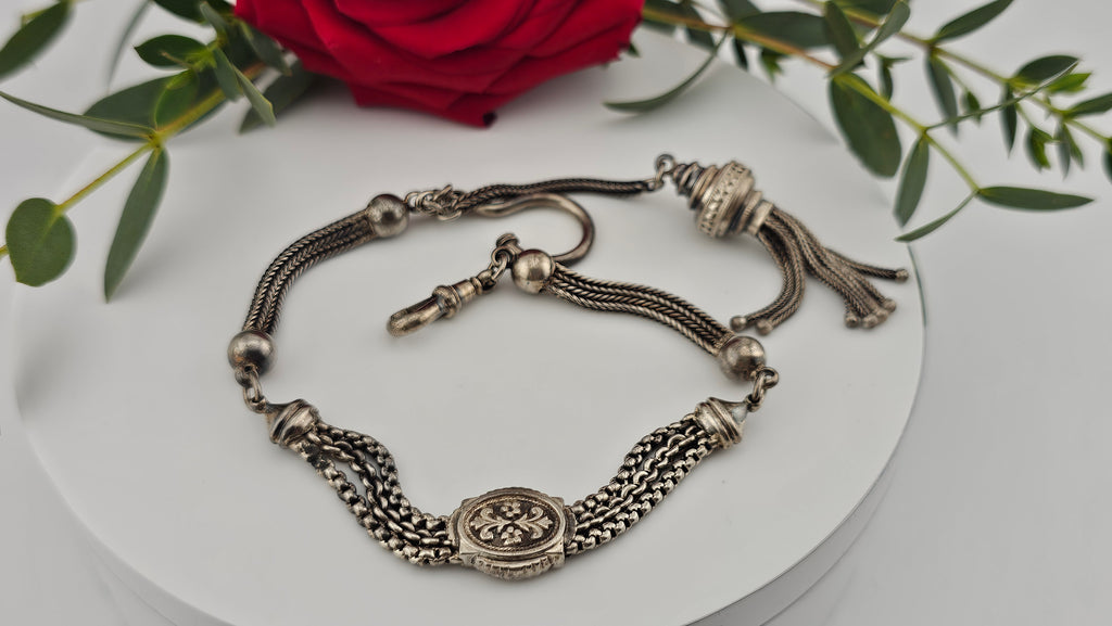 Antique Multi-Strand Silver Albertina Watch Chain with Floral Slide & Tassel