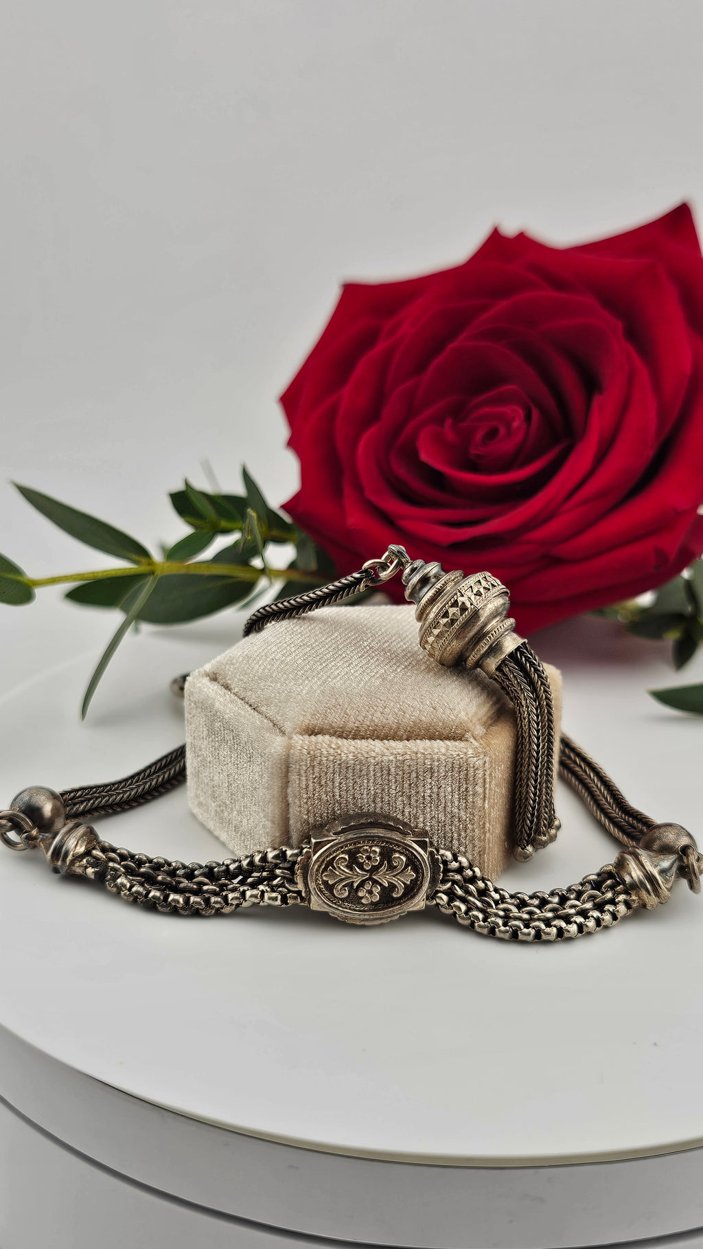 Antique Multi-Strand Silver Albertina Watch Chain with Floral Slide & Tassel