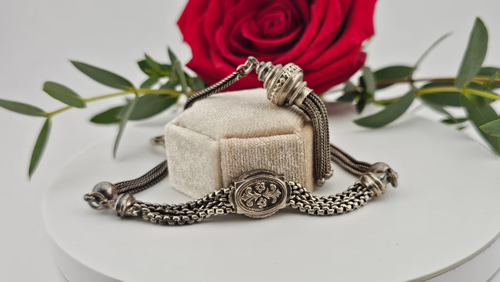 Antique Multi-Strand Silver Albertina Watch Chain with Floral Slide & Tassel