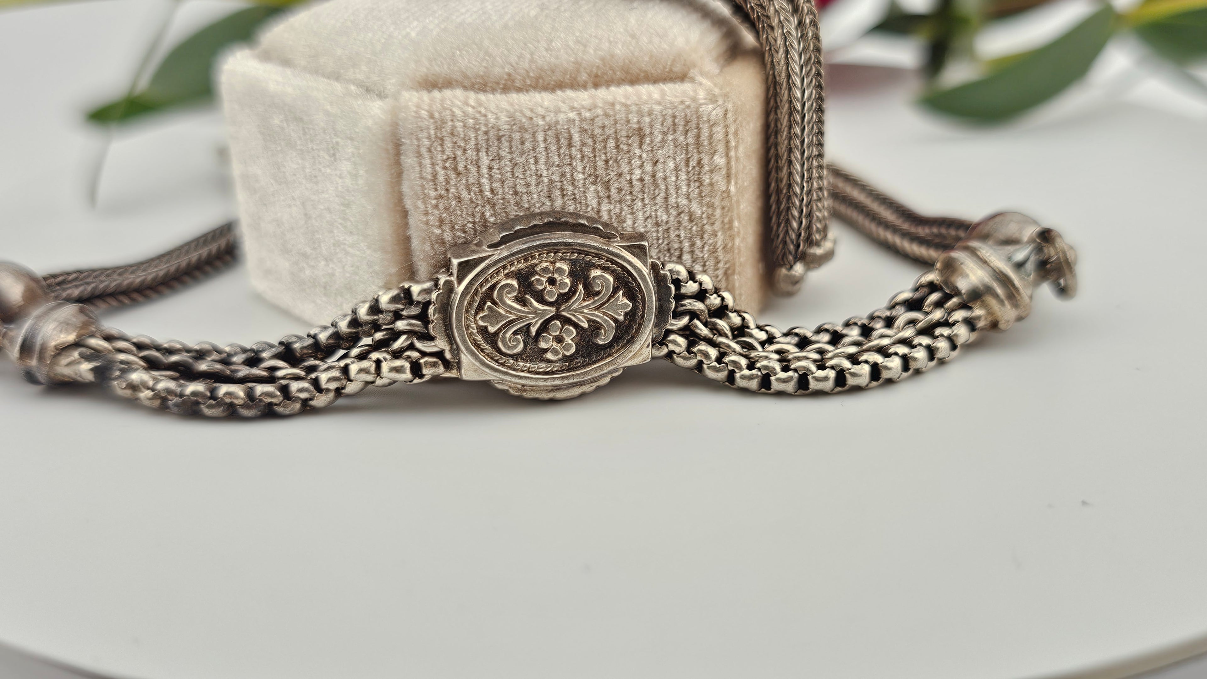 Antique Multi-Strand Silver Albertina Watch Chain with Floral Slide & Tassel