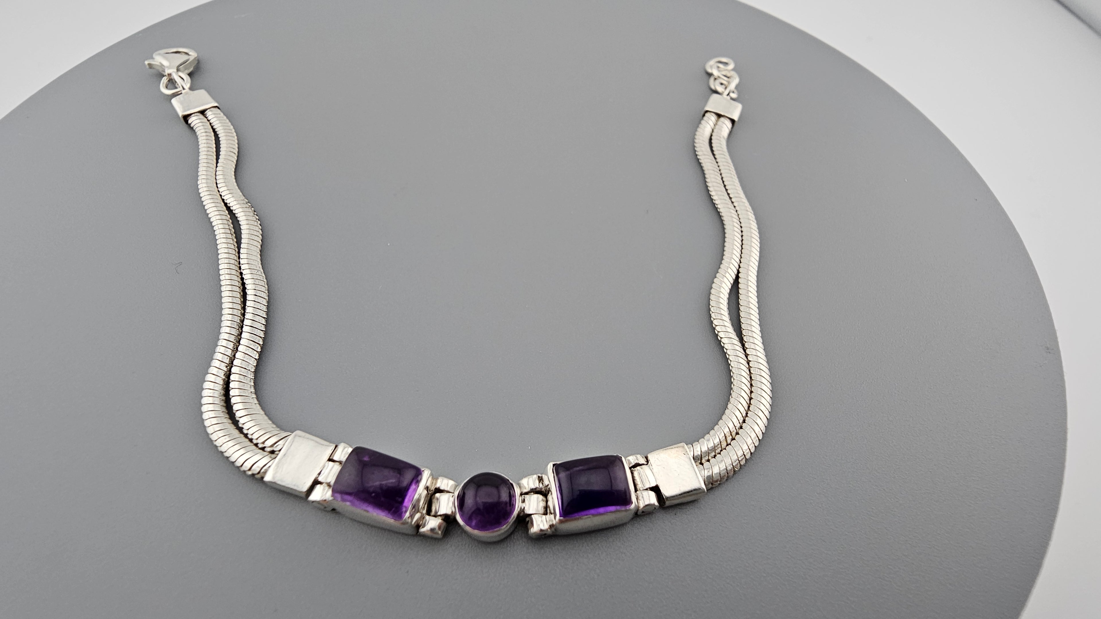 925 Sterling Silver Natural Amethyst Bracelet 19-20cm Adjustable 10.7g Stamped