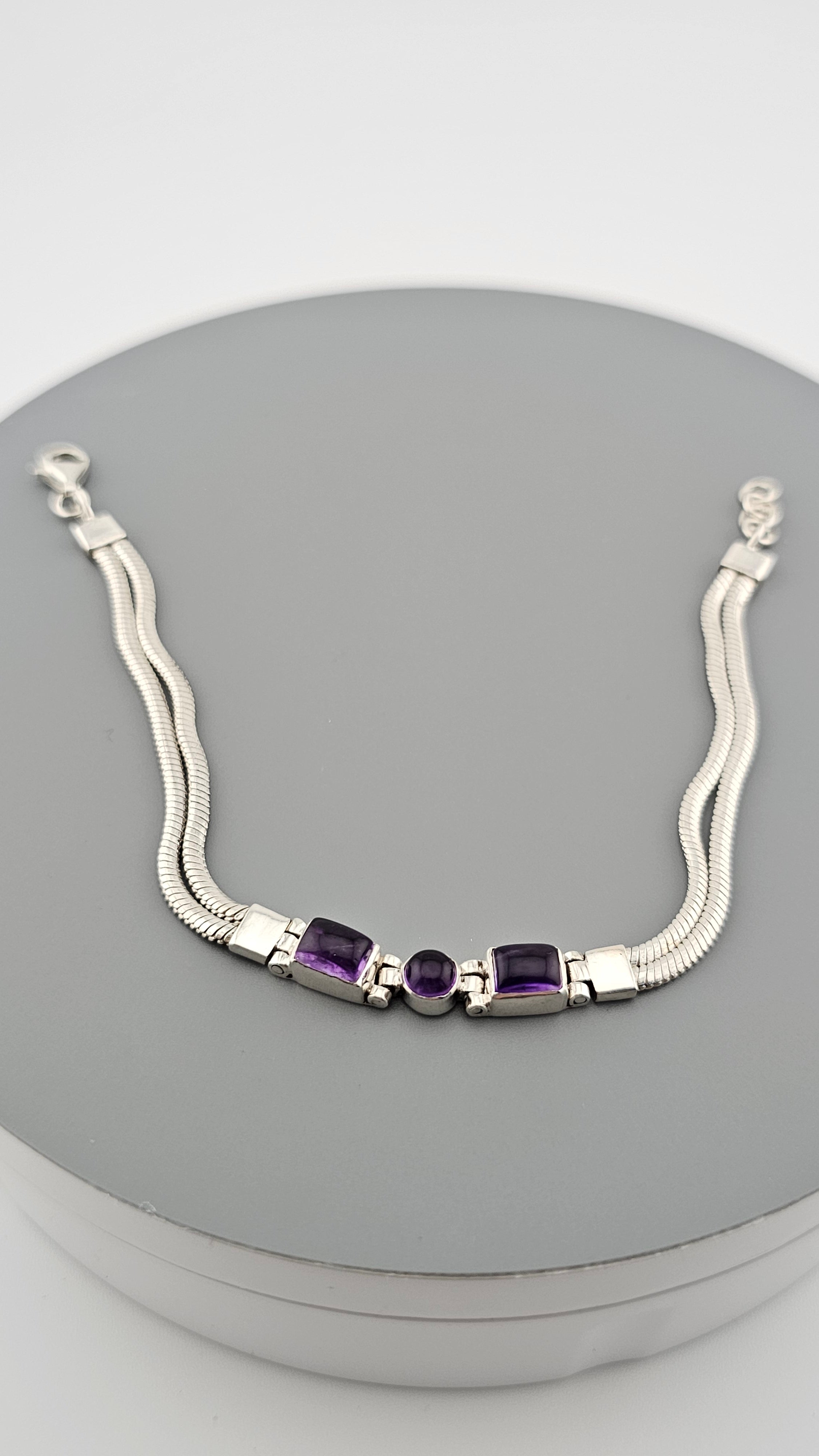 925 Sterling Silver Natural Amethyst Bracelet 19-20cm Adjustable 10.7g Stamped