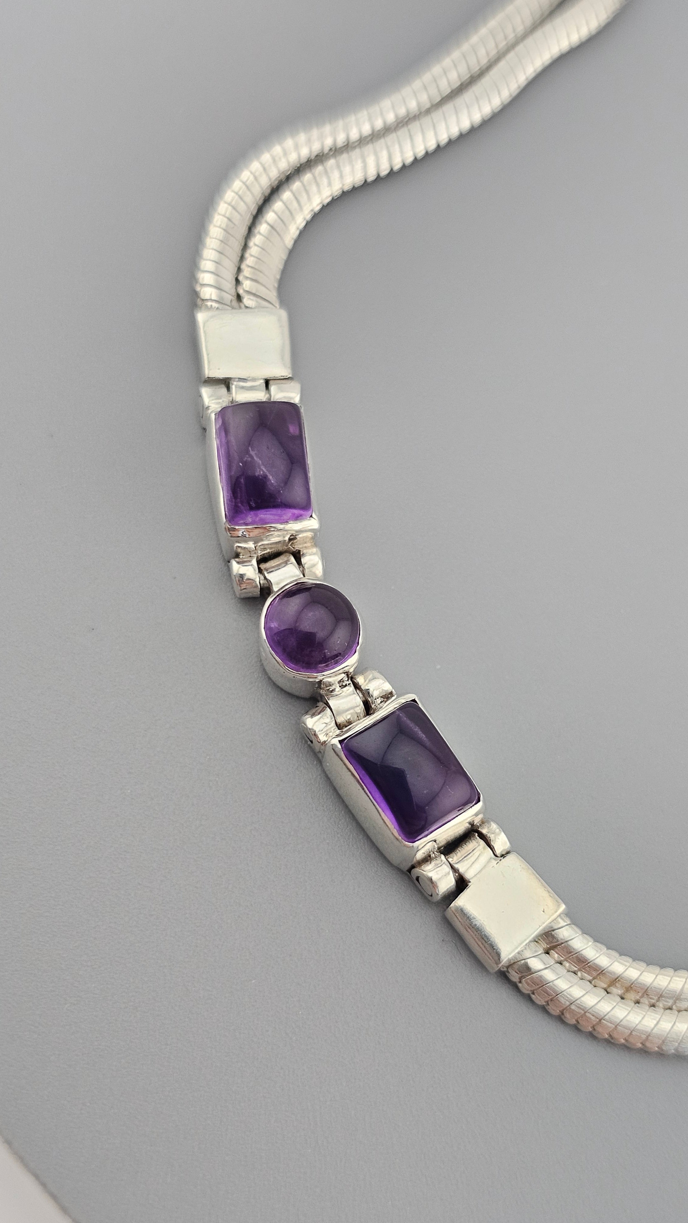 925 Sterling Silver Natural Amethyst Bracelet 19-20cm Adjustable 10.7g Stamped