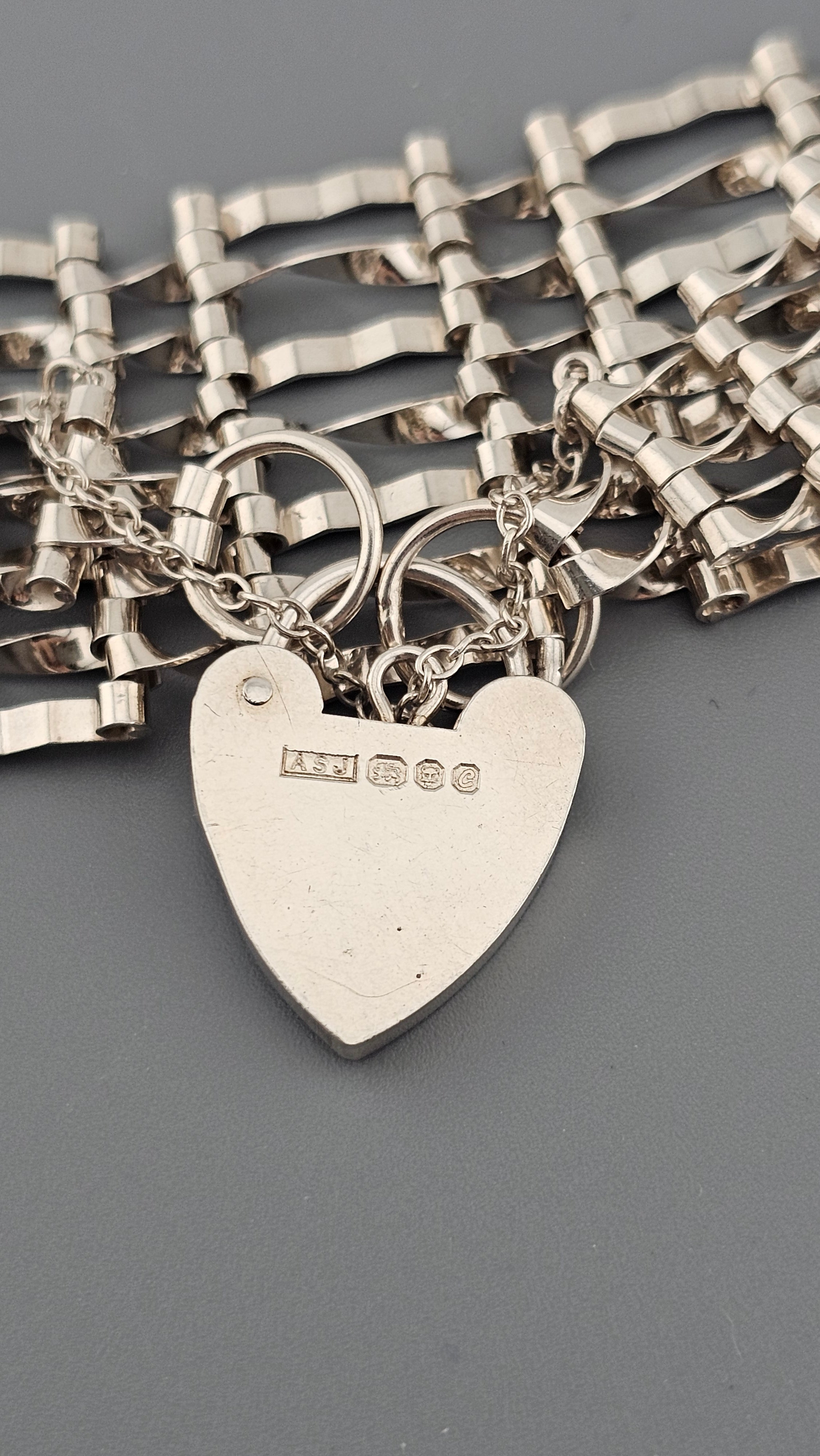 Vintage 925 Sterling Silver Gate Bracelet Featuring Heart Padlock Clasp