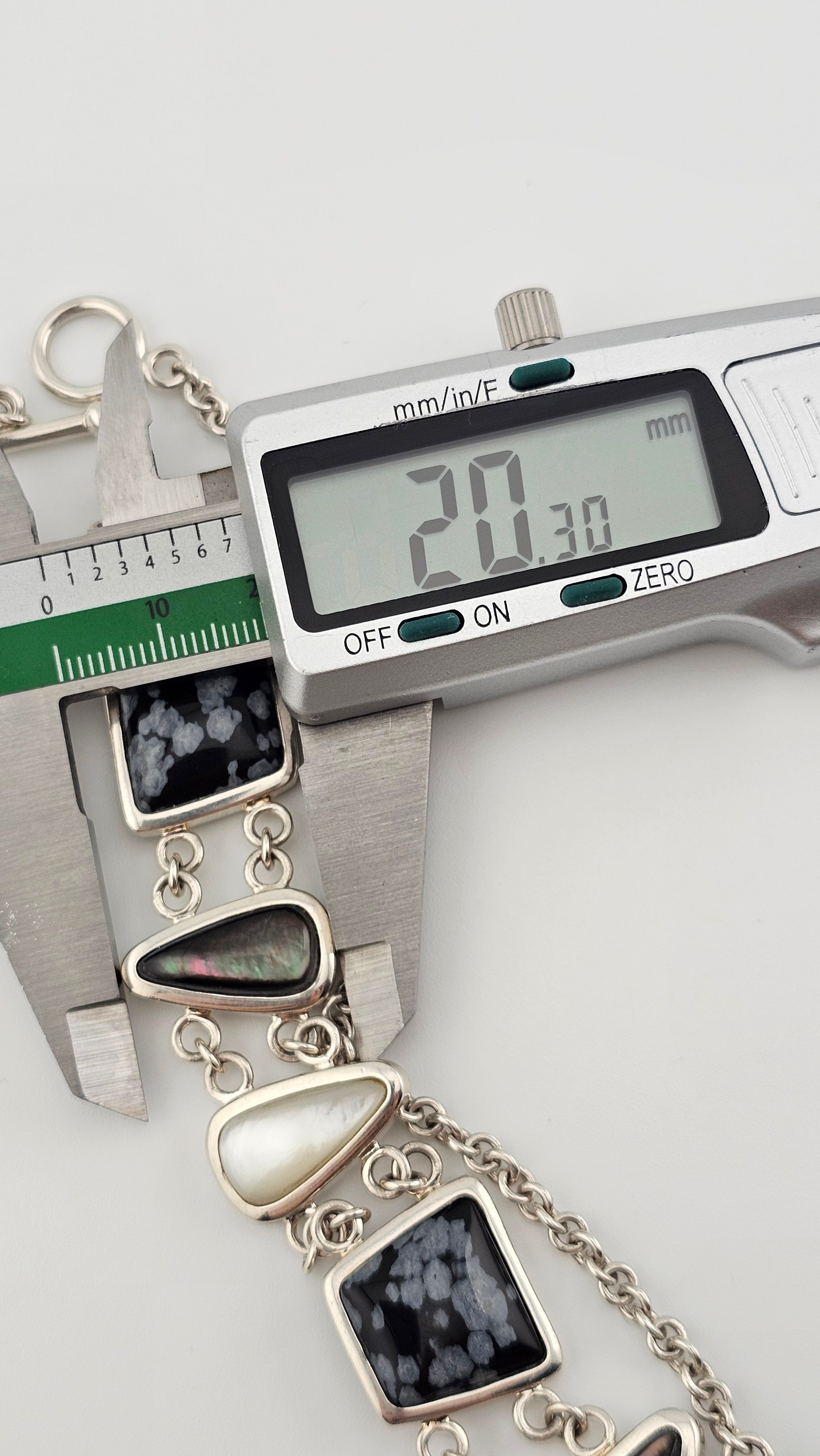 Vintage 925 Sterling Silver T Bar Necklace Featuring Snowflake Obsidian and Mother of Pearl