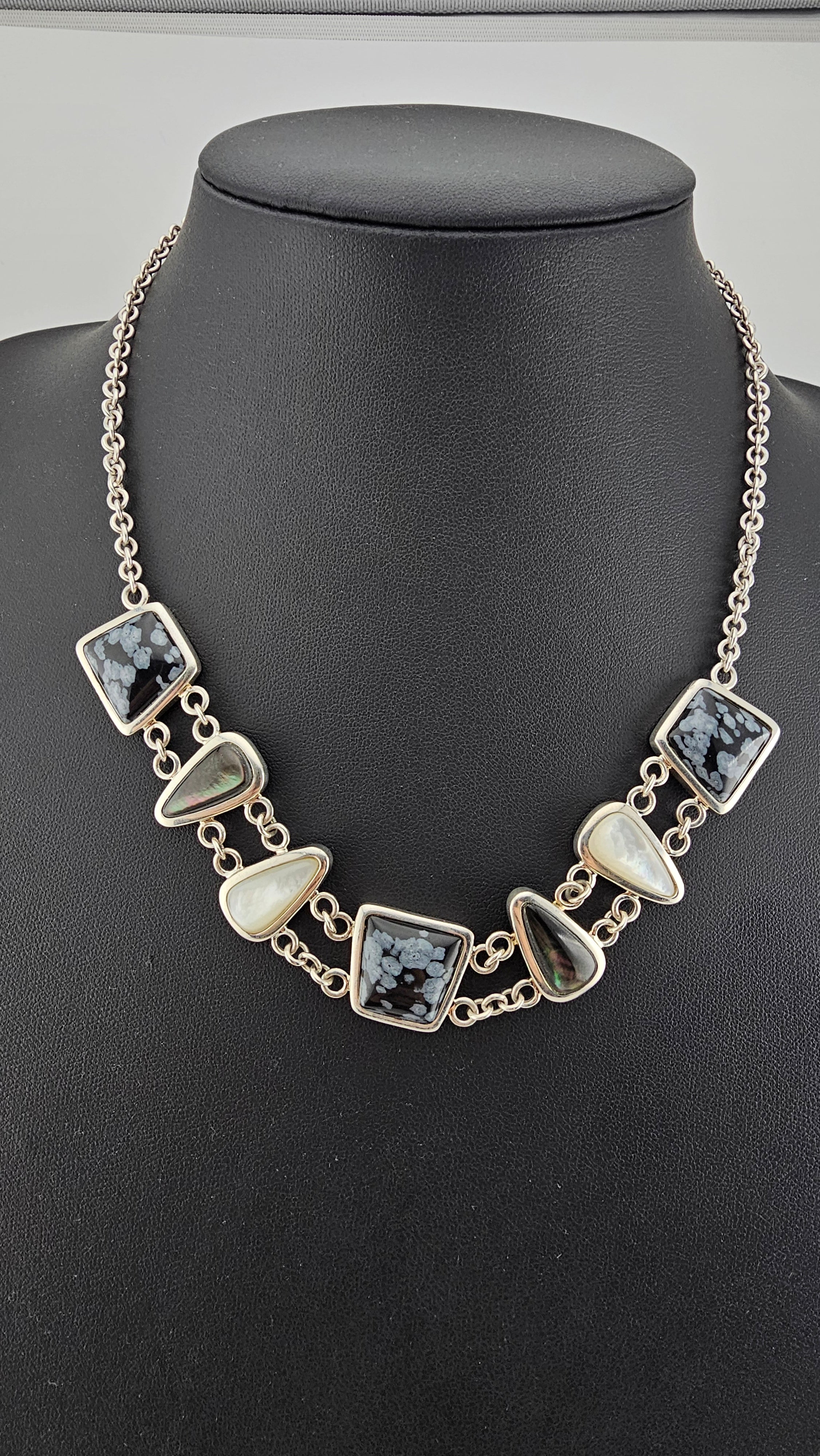 Vintage 925 Sterling Silver T Bar Necklace Featuring Snowflake Obsidian and Mother of Pearl