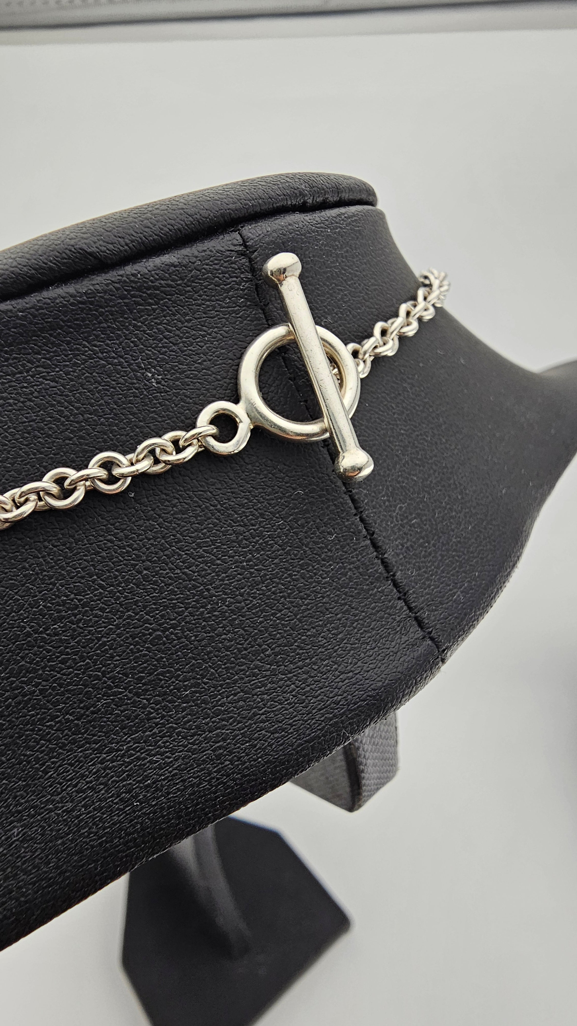 Vintage 925 Sterling Silver T Bar Necklace Featuring Snowflake Obsidian and Mother of Pearl