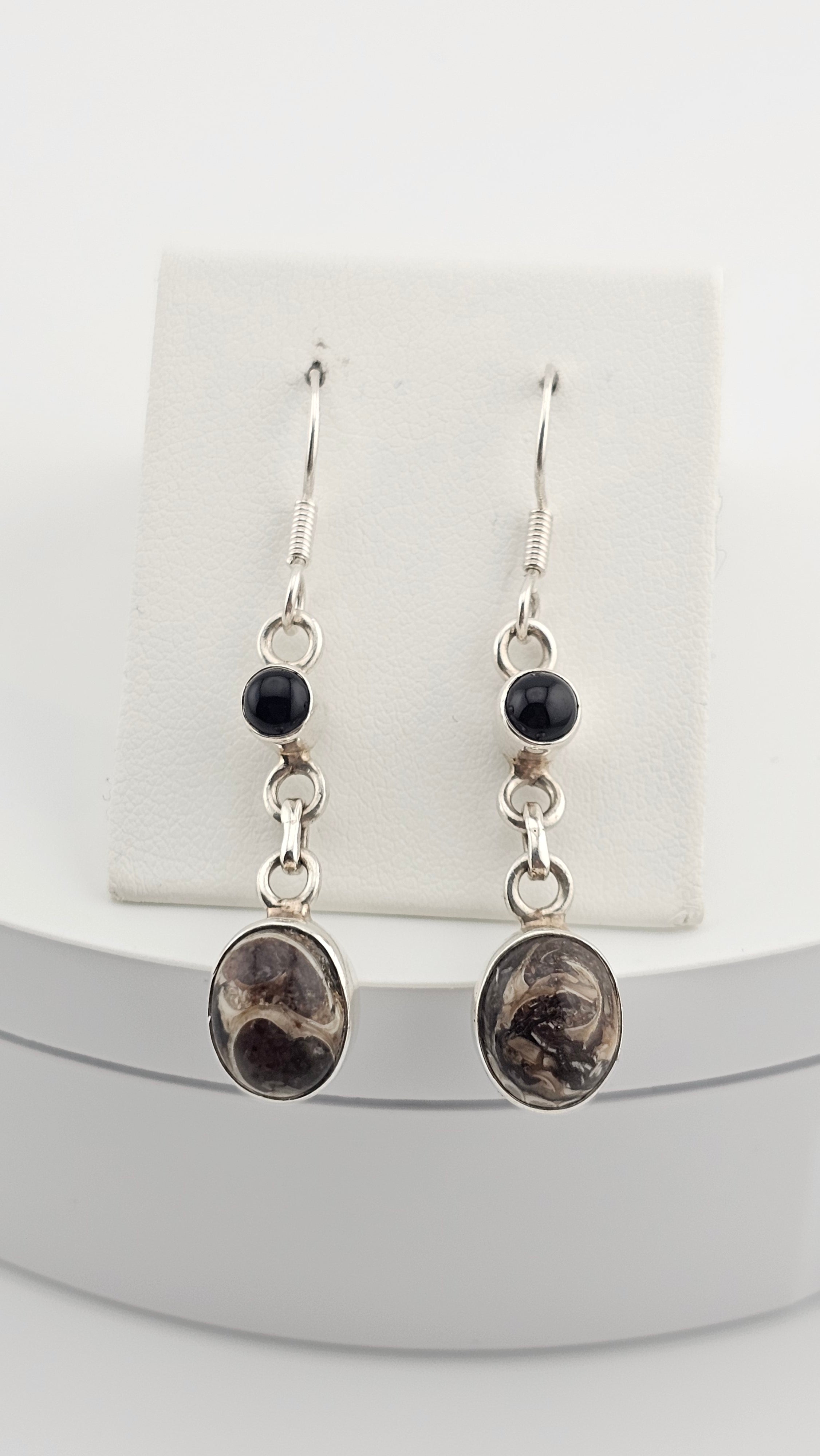925 Sterling Silver Hook Dangle Earrings set with Black Onyx and Jasper