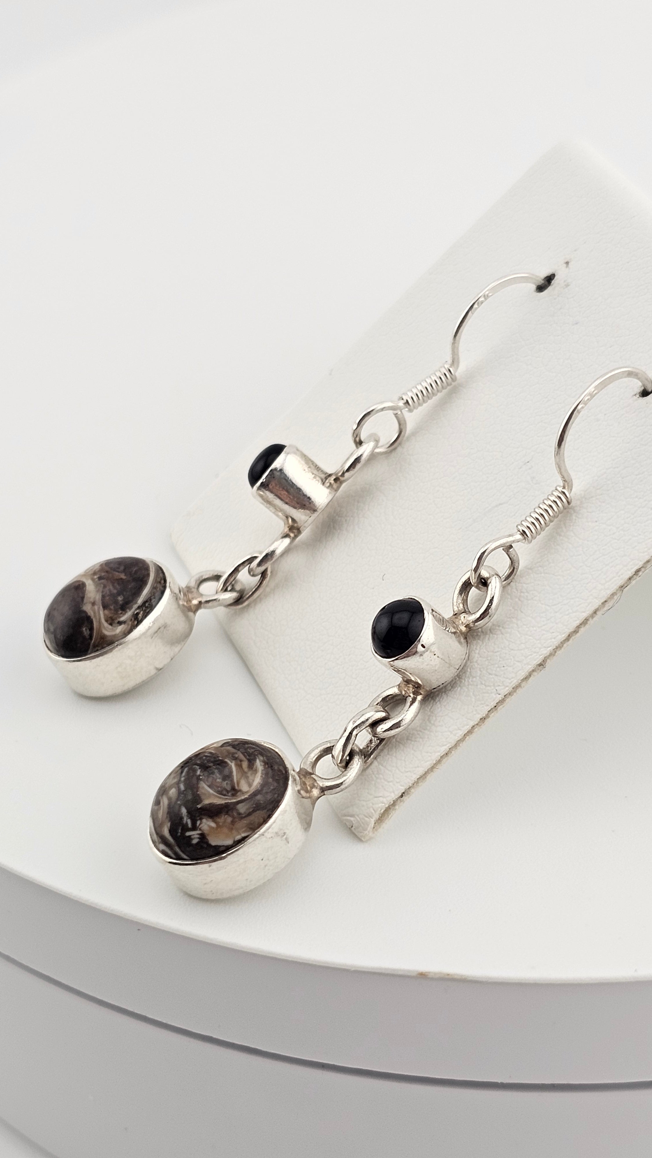 925 Sterling Silver Hook Dangle Earrings set with Black Onyx and Jasper