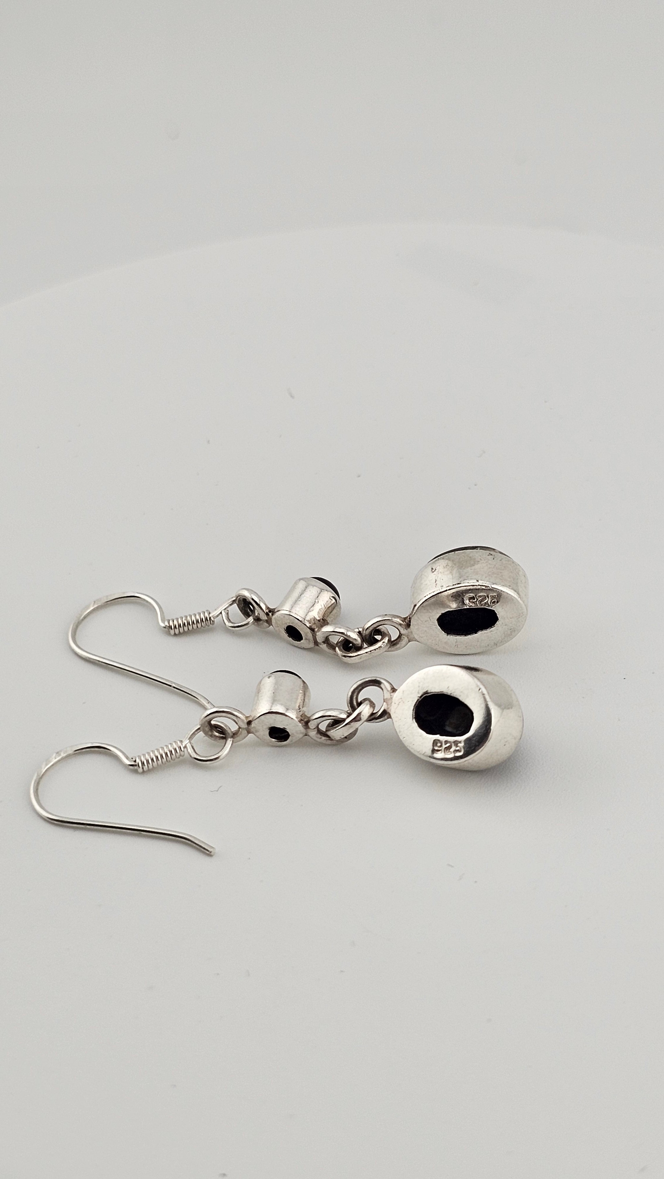 925 Sterling Silver Hook Dangle Earrings set with Black Onyx and Jasper