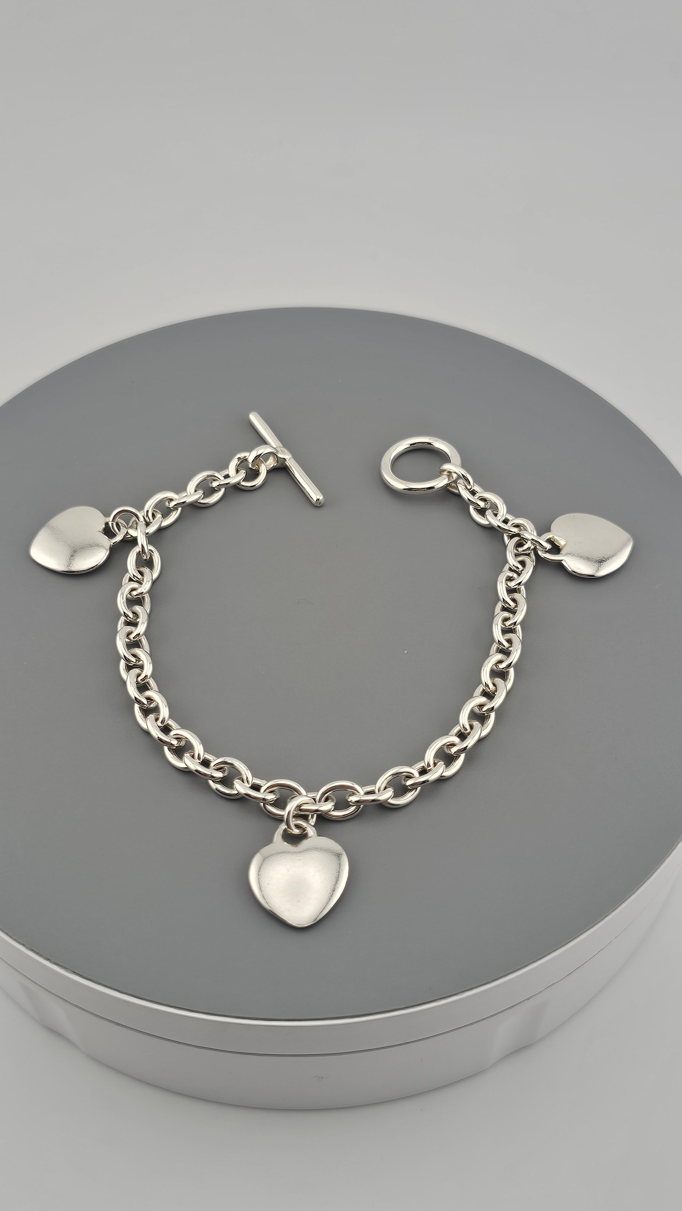 925 Sterling Silver T Bar Heart Charm Chain Bracelet