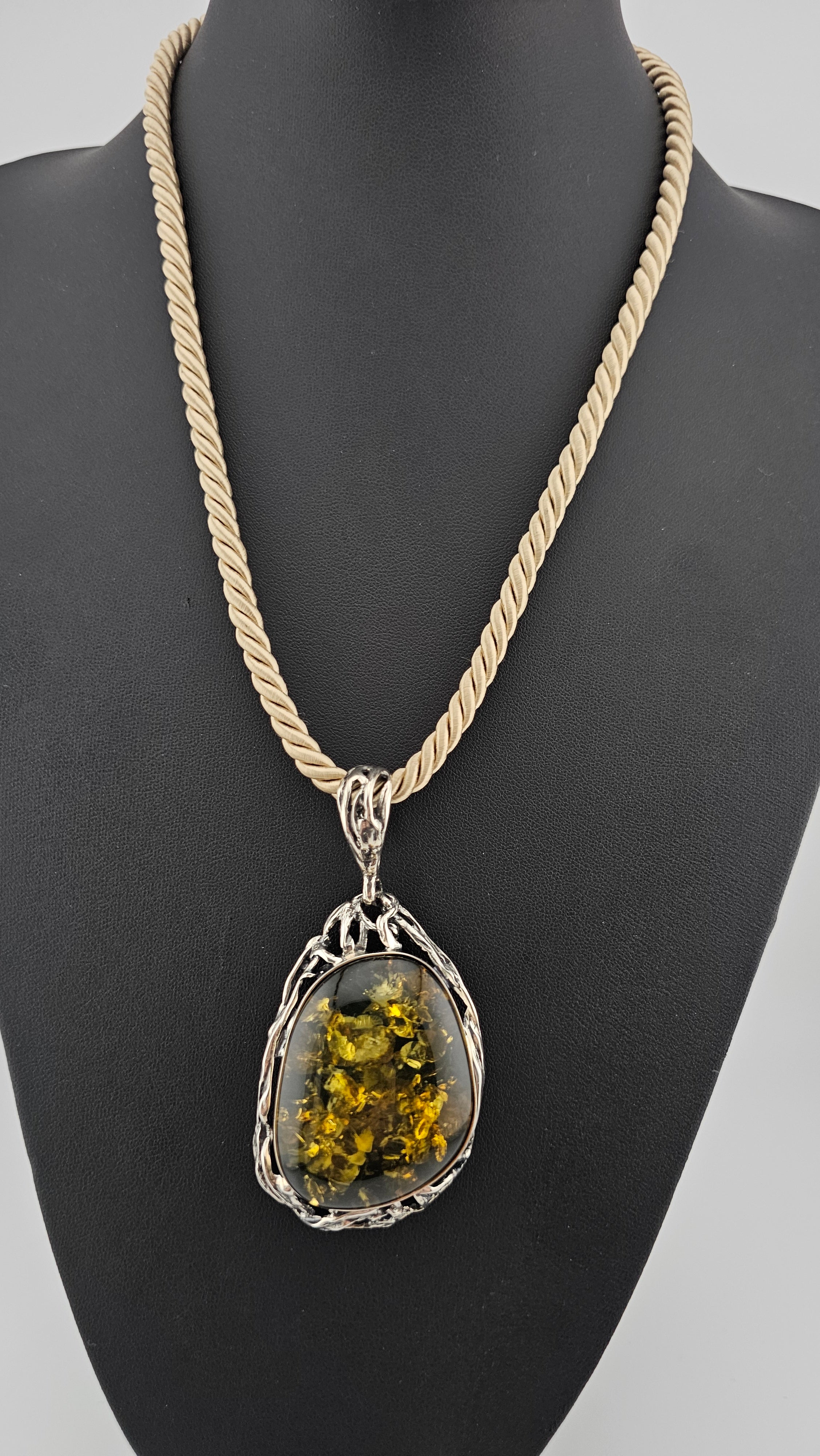 Solid Sterling Silver & Amber Teardrop Pendant Necklace | 43g Hallmarked