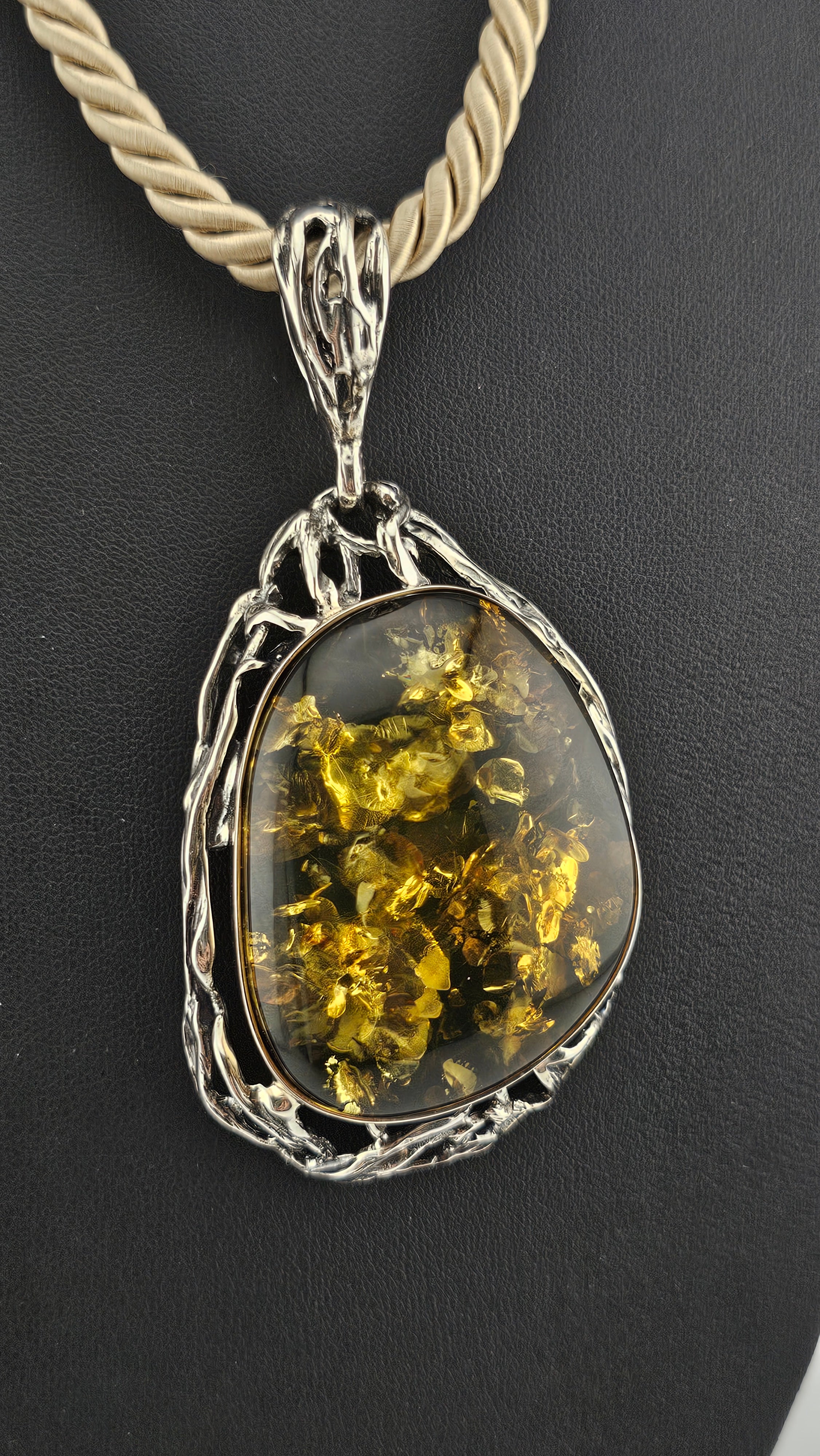 Solid Sterling Silver & Amber Teardrop Pendant Necklace | 43g Hallmarked