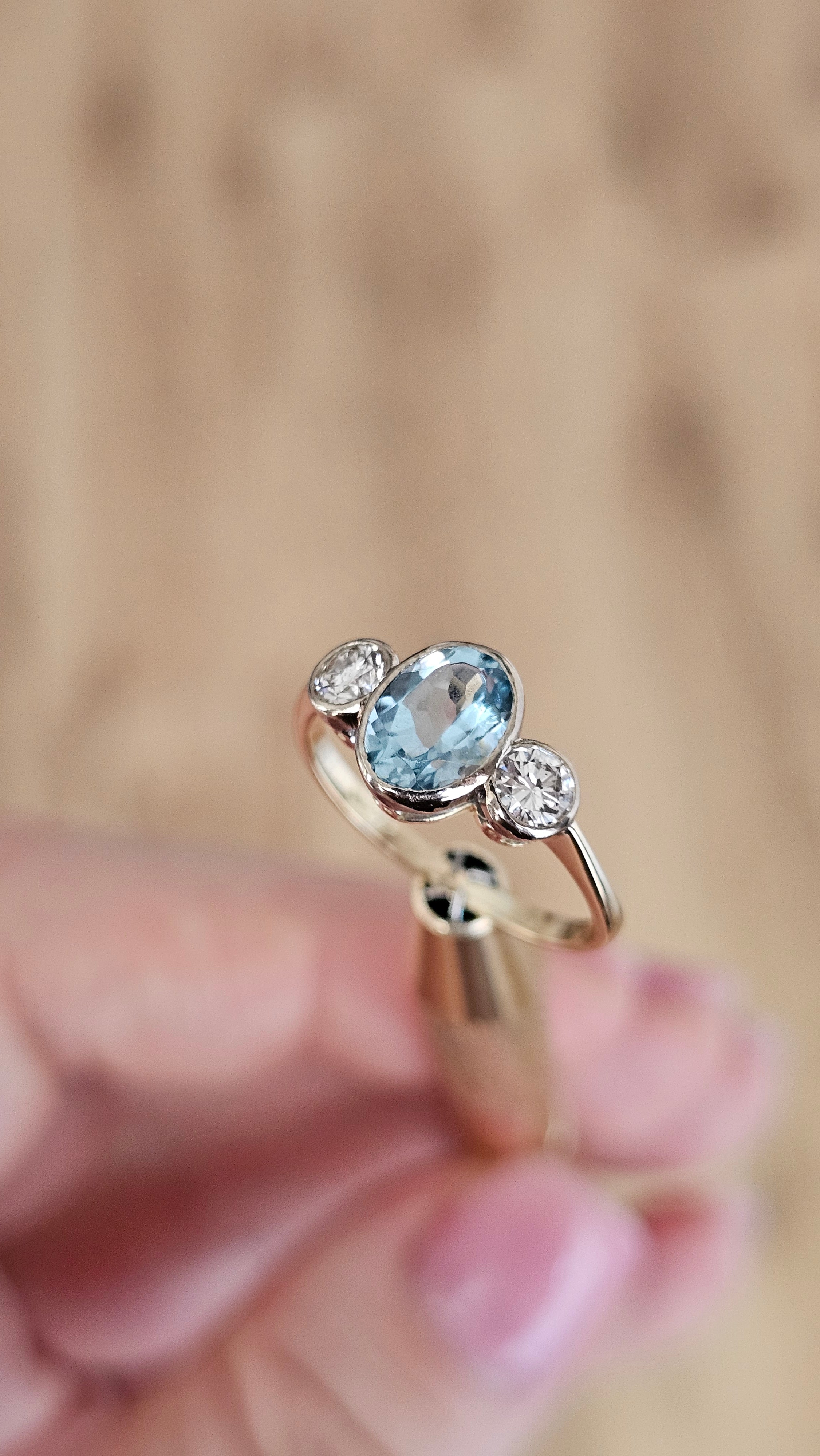 Pre-Loved 18K Yellow Gold Natural Aquamarine (1.25ct) & Diamond Trilogy Ring - Size UK N (2.65g) - WGI Certified
