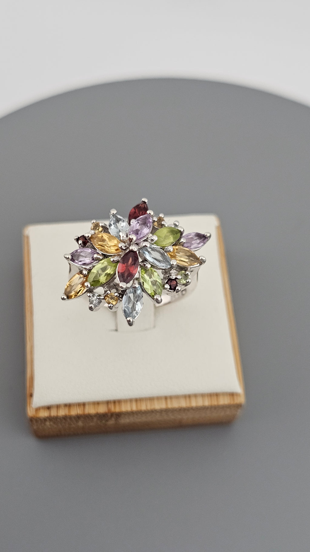 925 Sterling Silver Multi-Gemstone Cluster Statement Ring - Size Q 1/2 (US 8.5)