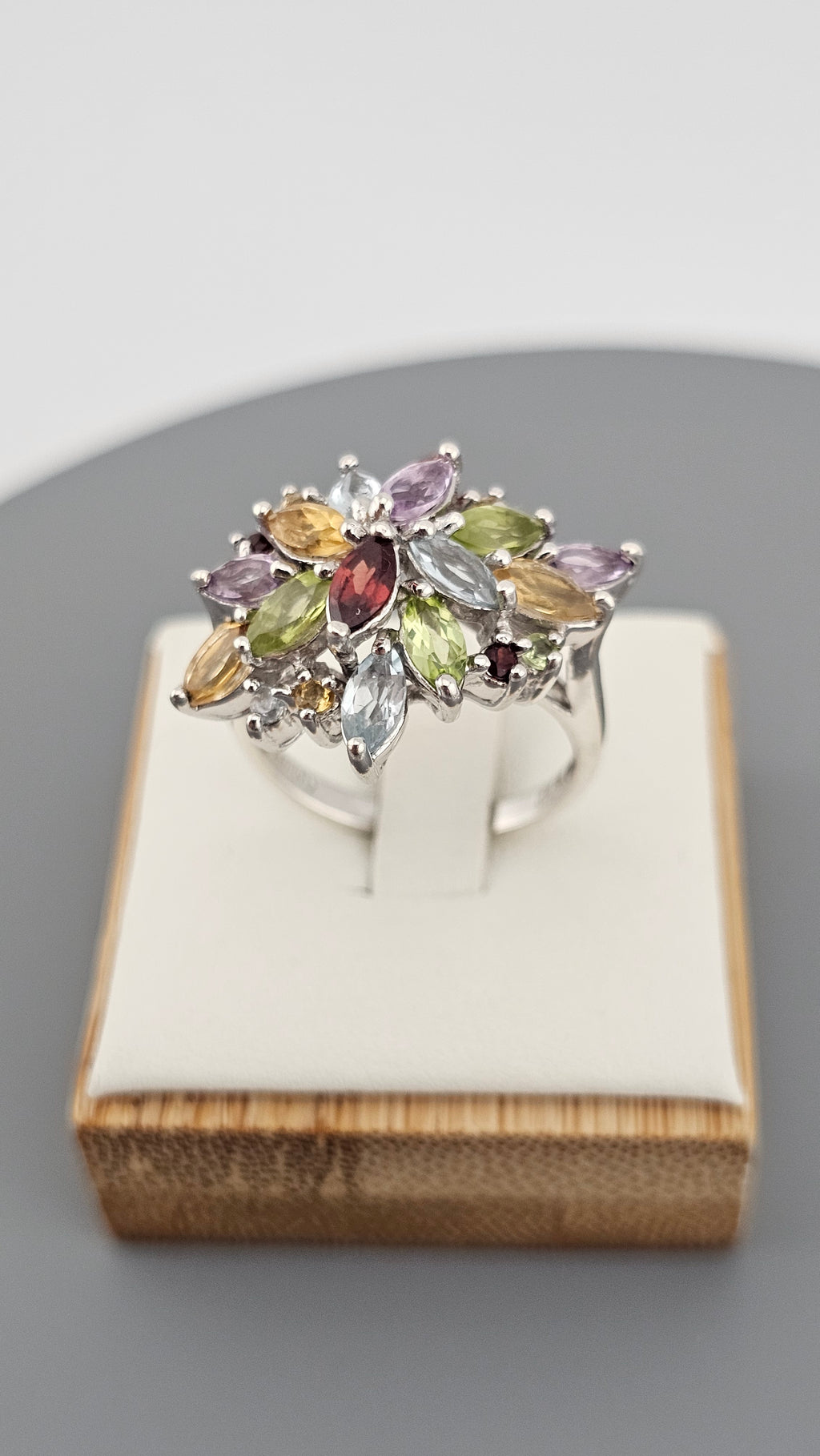 925 Sterling Silver Multi-Gemstone Cluster Statement Ring - Size Q 1/2 (US 8.5)