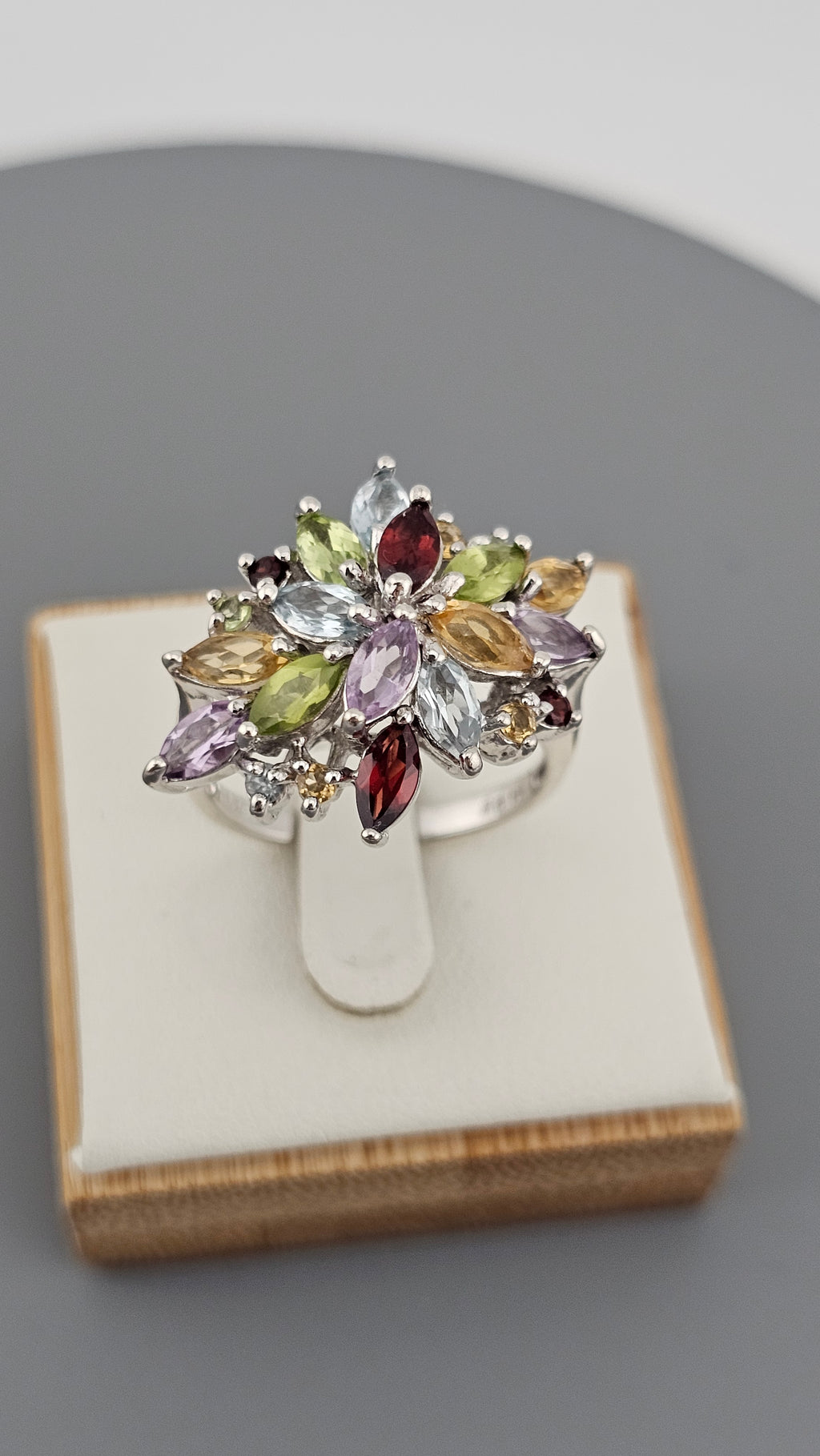 925 Sterling Silver Multi-Gemstone Cluster Statement Ring - Size Q 1/2 (US 8.5)