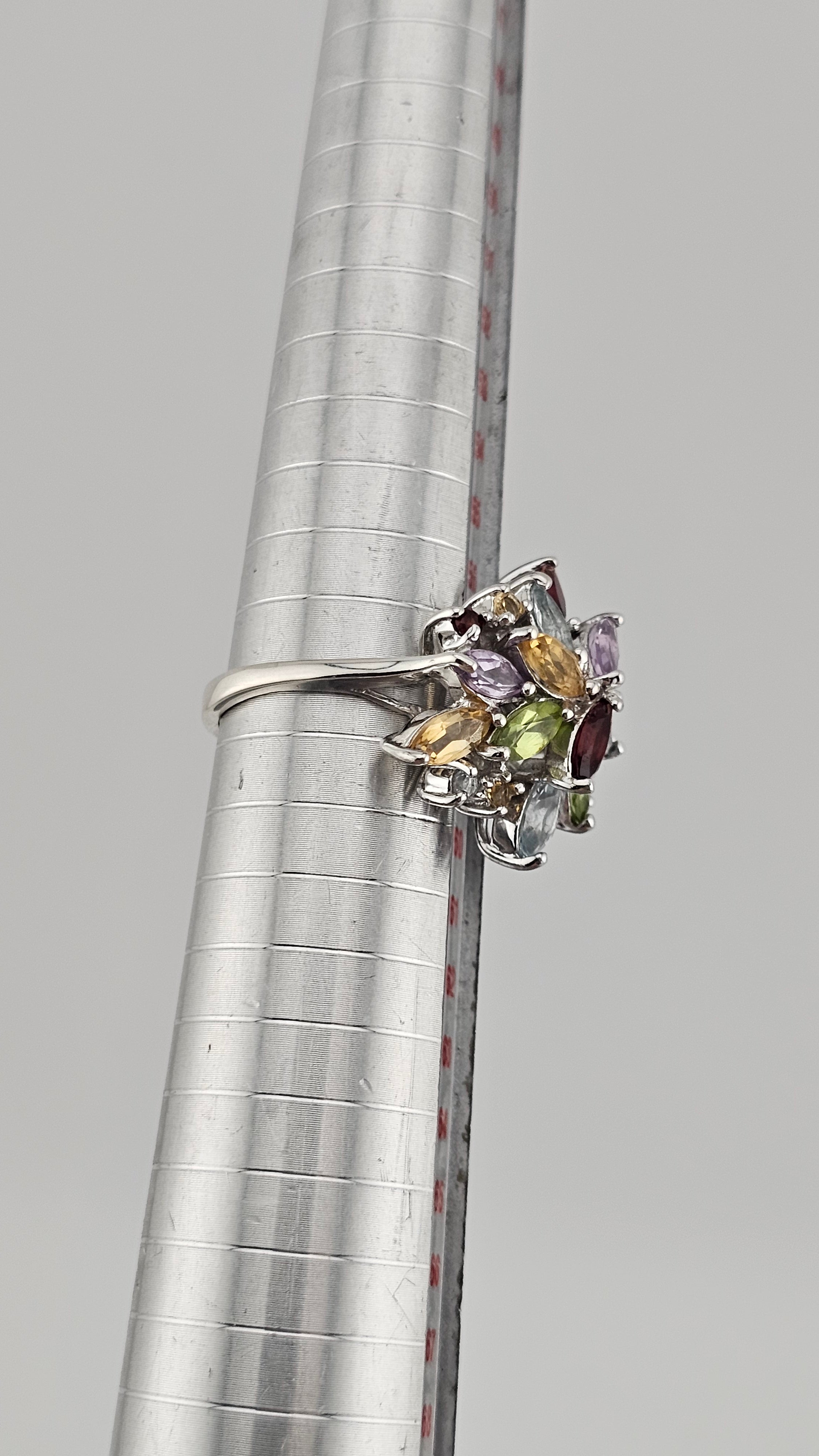 925 Sterling Silver Multi-Gemstone Cluster Statement Ring - Size Q 1/2 (US 8.5)