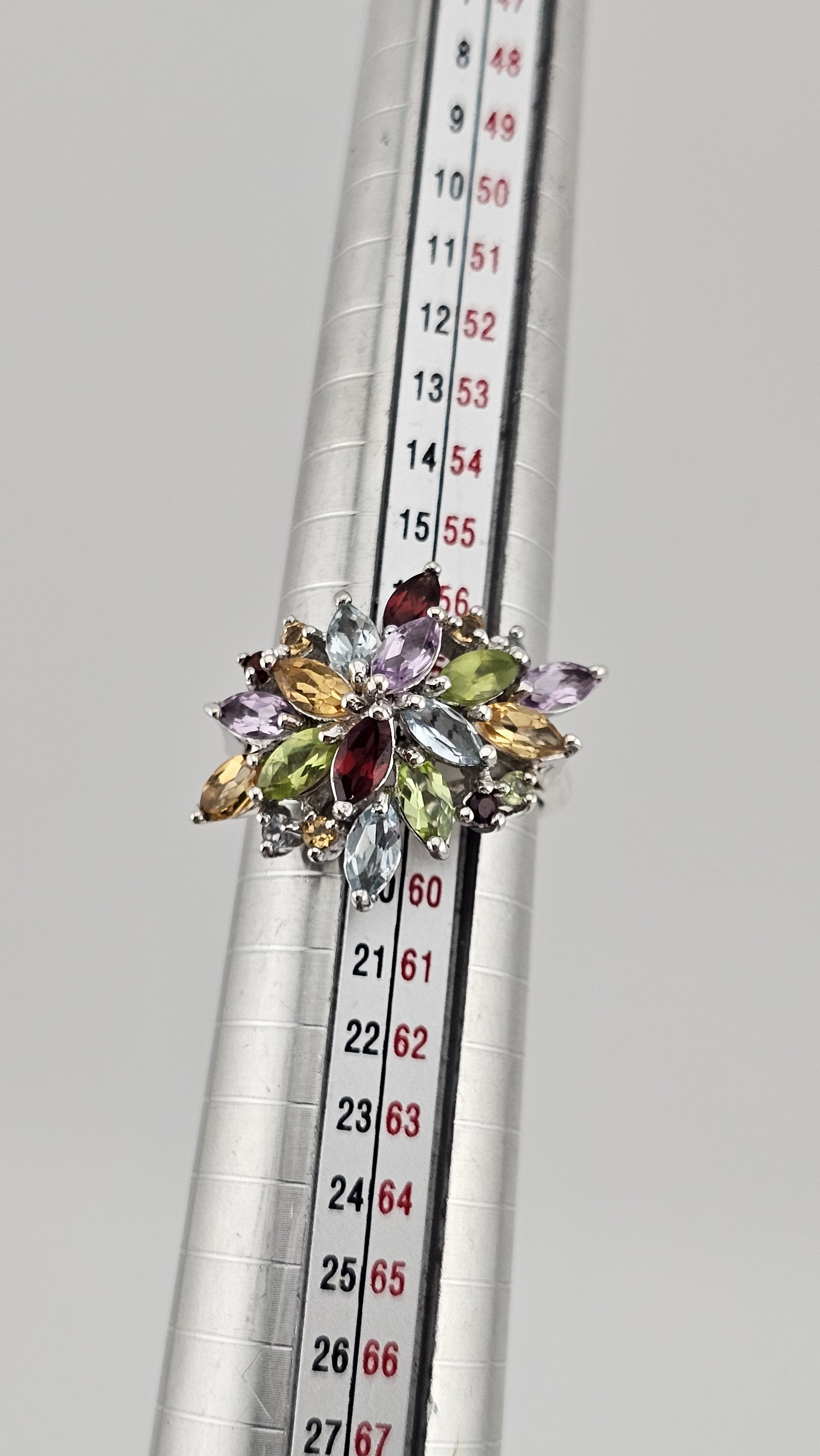 925 Sterling Silver Multi-Gemstone Cluster Statement Ring - Size Q 1/2 (US 8.5)