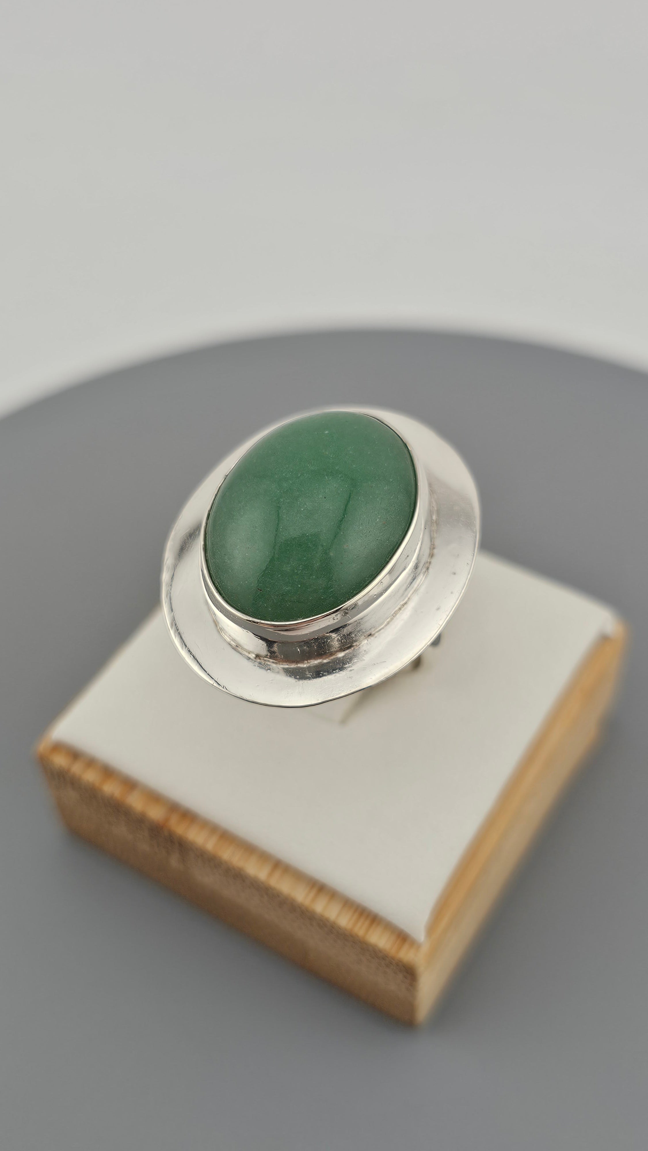 Bold 925 Sterling Silver Green Aventurine Cabochon Statement Ring - Size L 1/2 (US 6)
